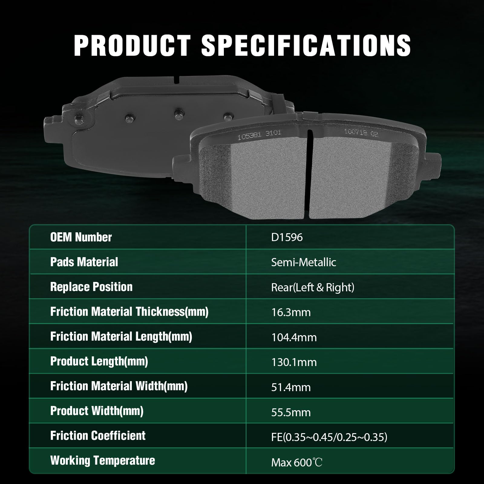 Automuto 4Pcs Rear Semi-Metallic Disc Brake Pads Set D1596 For Chrysler Town & Country For Dodge Grand Caravan Journey For Ram C