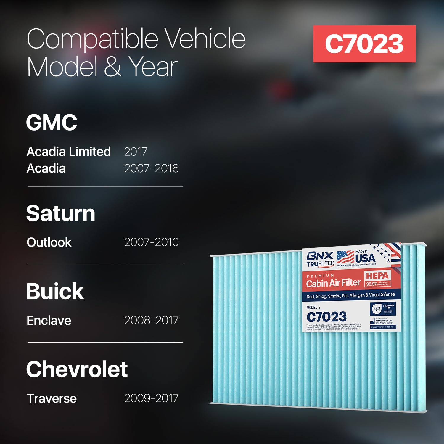 Bnx Trufilter C7023 Cabin Air Filter, Hepa 99.97%, Compatible With Gmc Acadia, Acadia Limited, Chevrolet Traverse; Saturn Outloo