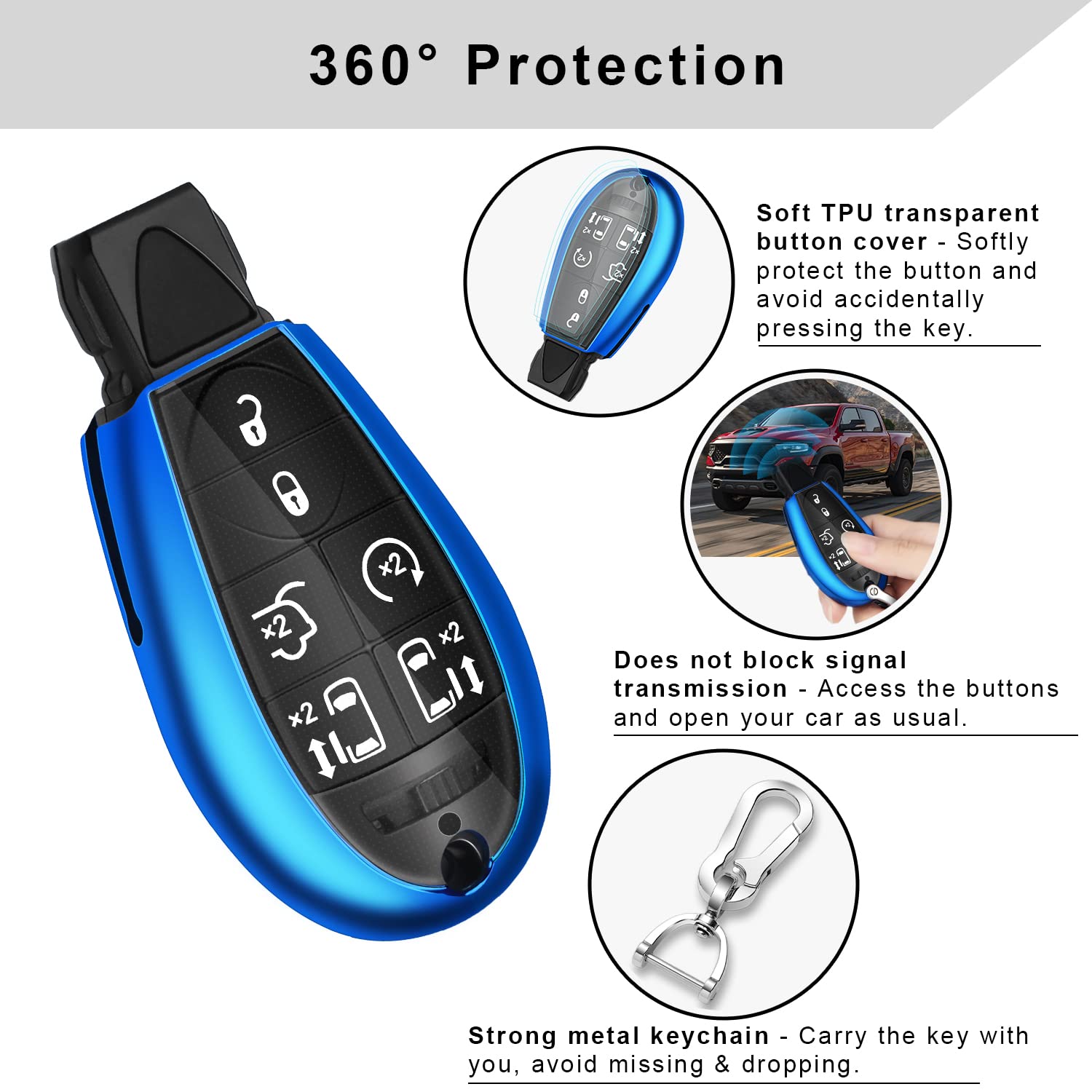 Qbuc For Dodge Key Fob Cover With Keychain Tpu Key Case Compatible With 2008-2018 Dodge Ram Jeep Chrysler Model Accessories (Blue)