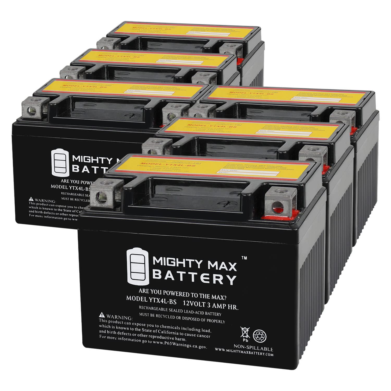 Mighty Max Battery Ytx4L-Bs 12 Volt 3Ah Motorcycle Battery Replaces Ytx4L-Bs - 6 Pack