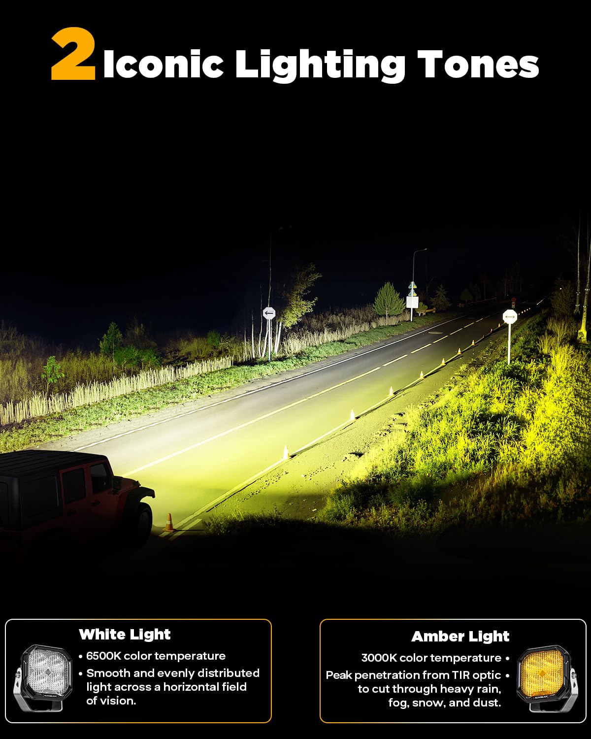 Auxbeam Color Play Series Flood Beam Led Pods, 3 Inch Offroad Lights 100W 11600Lm, Drl & Turn Signal 3 Modes, Amber White Dual C