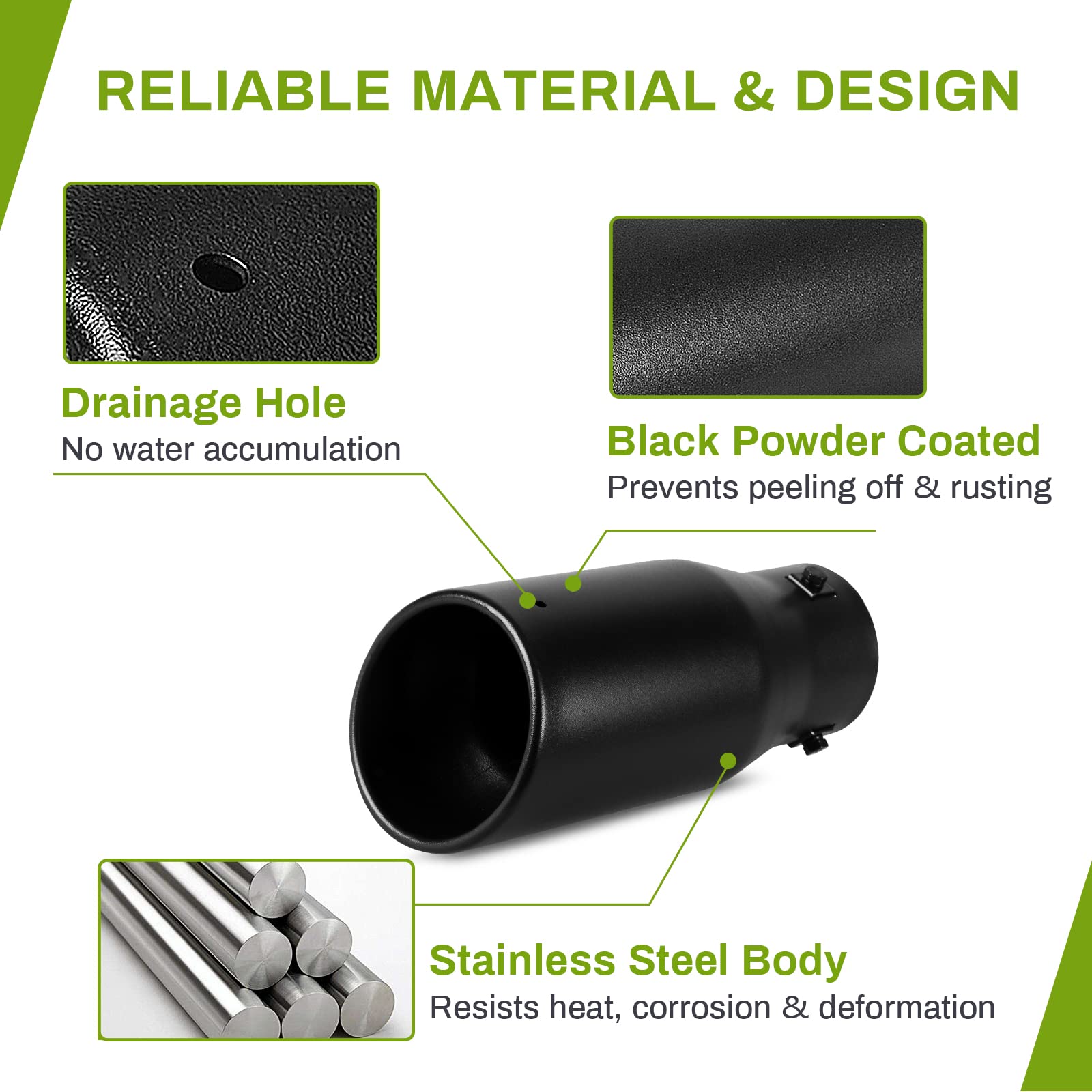Autosaver88 1.5-2.5 Inch Exhaust Tip, 1.5'-2.5' Inlet 4' Outlet 9' Long Black Powdercoat Exhaust Tip With Clamps And Adapters Fit For 1.5'/1.75'/2.0'/2.25'/2.5' Outer Diameter Tailpipe, Bolt-On