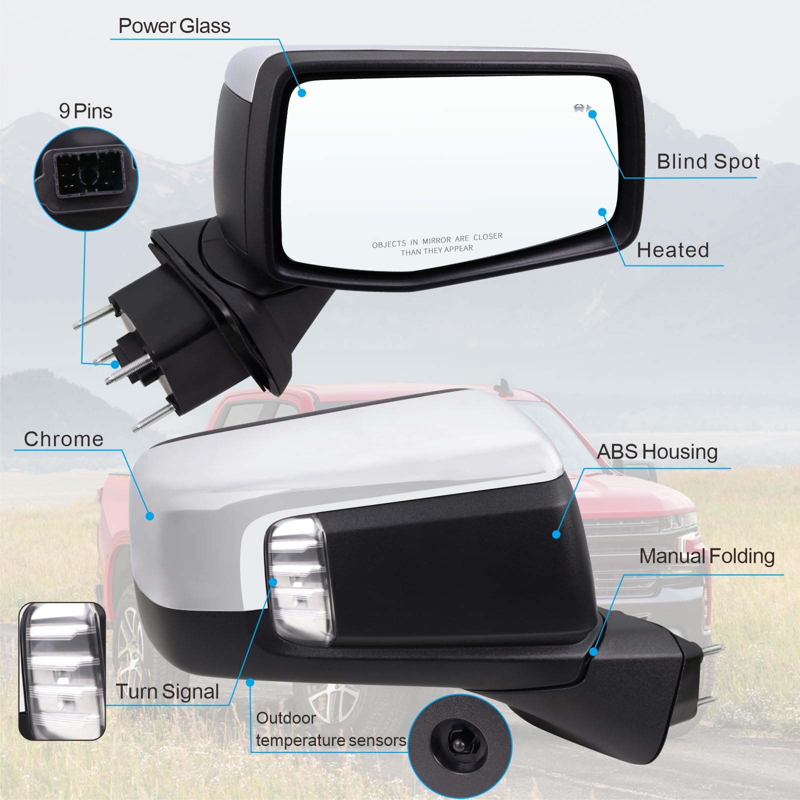 Lqito Right Passenger Side Mirror Compatible With 2019-2025 Chevy Silverado 1500 With Power Glass Manual Folding Temperature Sen