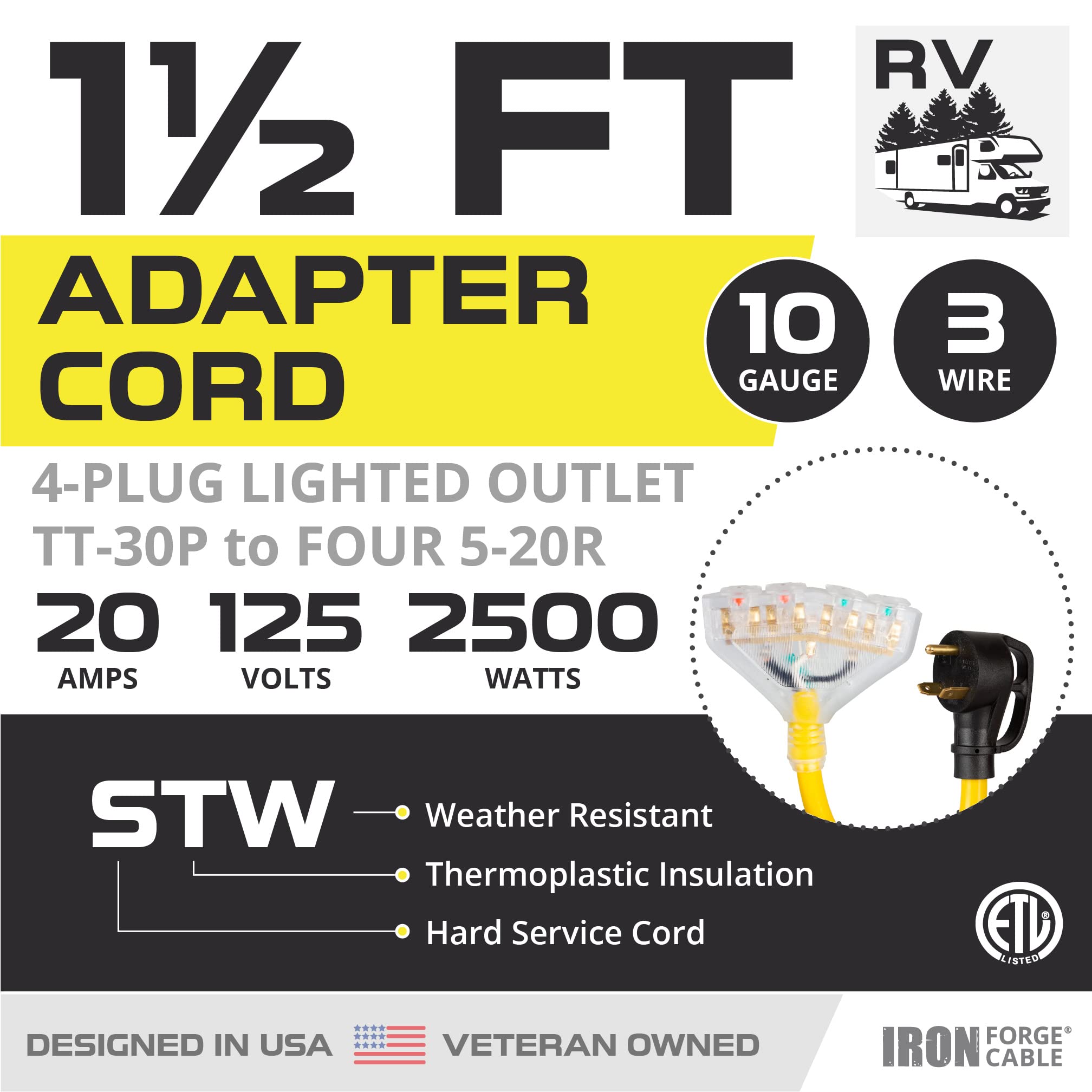 Iron Forge Cable 30 Amp To 20 Amp Rv Electrical Adapter Power Cord, 1.5 Ft - 10/3 Stw Tt-30P Male Plug To 4 5-20R Female Recepta