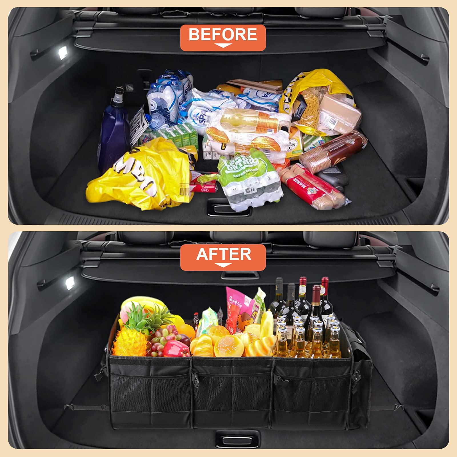 Large Trunk Organizer With Removable Cooler Bag-Collapsible Durable Multi Compartments W/ Foldable Cover, Non Slip Bottom Cargo