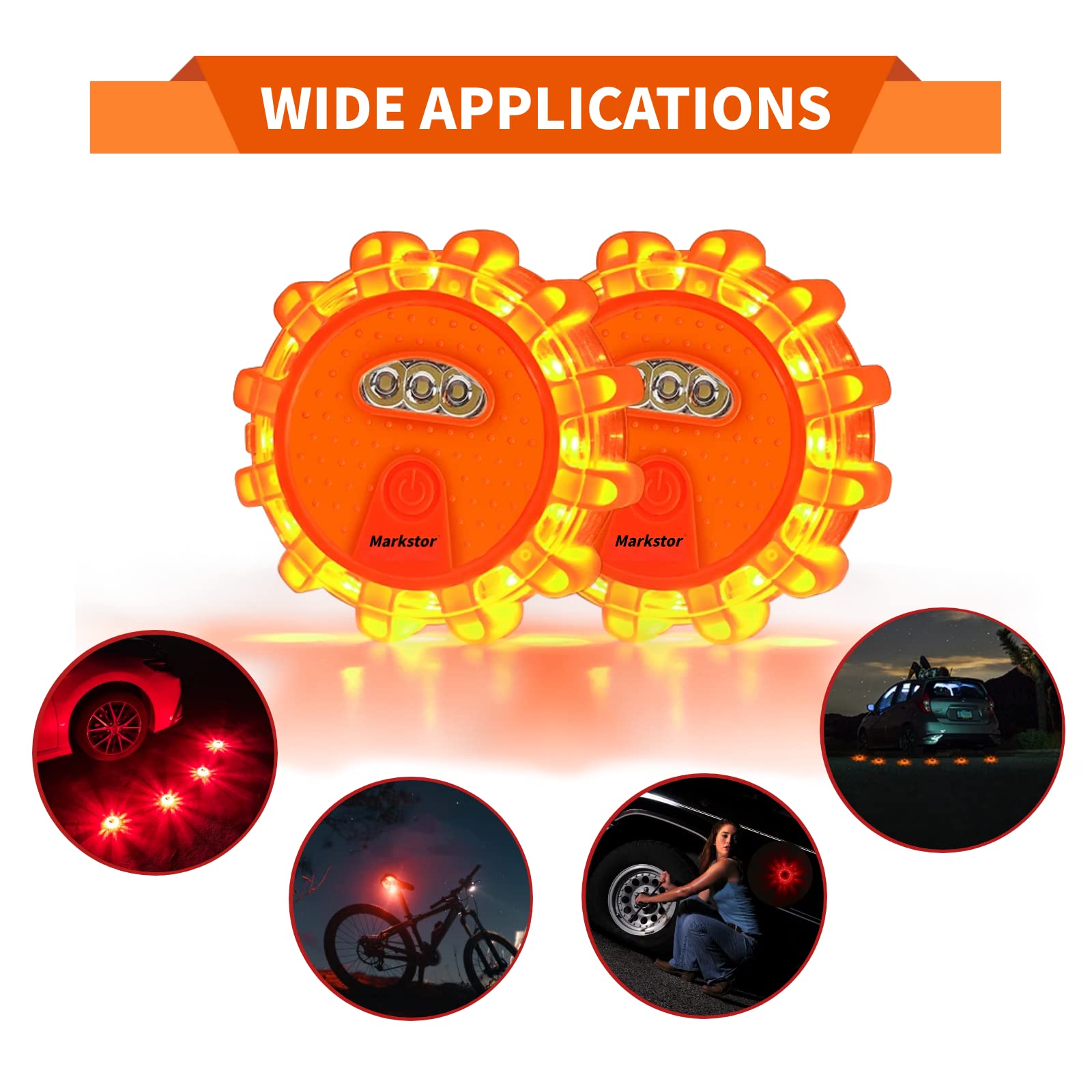 Markstor 4 Pack Led Road Flares Emergency Car Kit 9 Flash Amber Roadside Emergency Flares Beacon For Vehicle 4 Beacons Disc Pack With A Whistle,Glove,Hammer (No Battery)