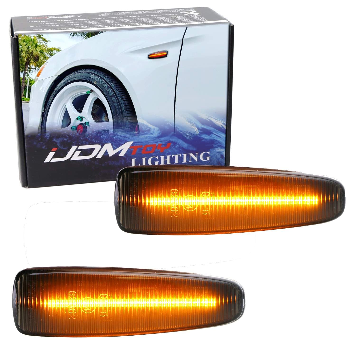 Ijdmtoy Smoked Lens Amber Full Led Front Side Marker Lights Compatible With Mitsubishi Lancer Evo X Mirage Outlander Sport, Powe