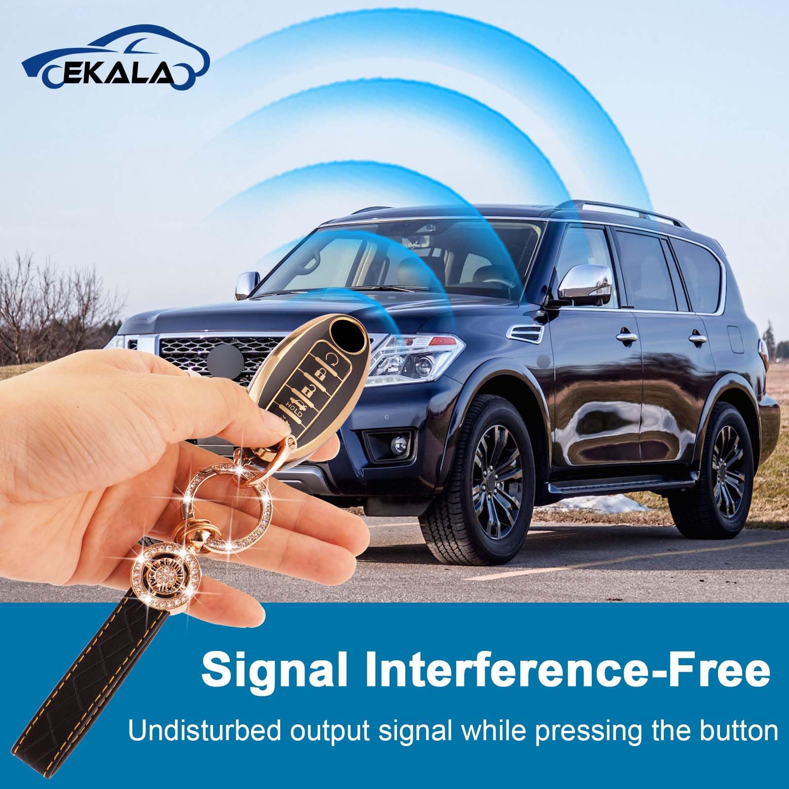 EKALA for Nissan Key Fob Cover 5 Buttons Soft TPU Full Covers Protection Key Case Shell with Leather Keychains Black Gold Fit fo