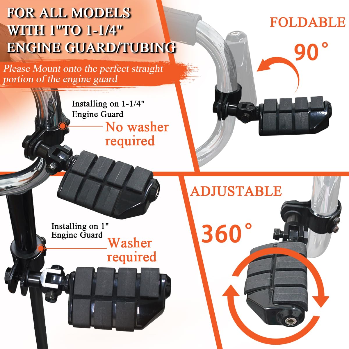 Fovplue 1'',1.25'',1 1/3'' Highway Footpegs, Adjustable Highway Peg W/ 3-Piece Clamp For Harley Touring Softail Dyna Sportster H