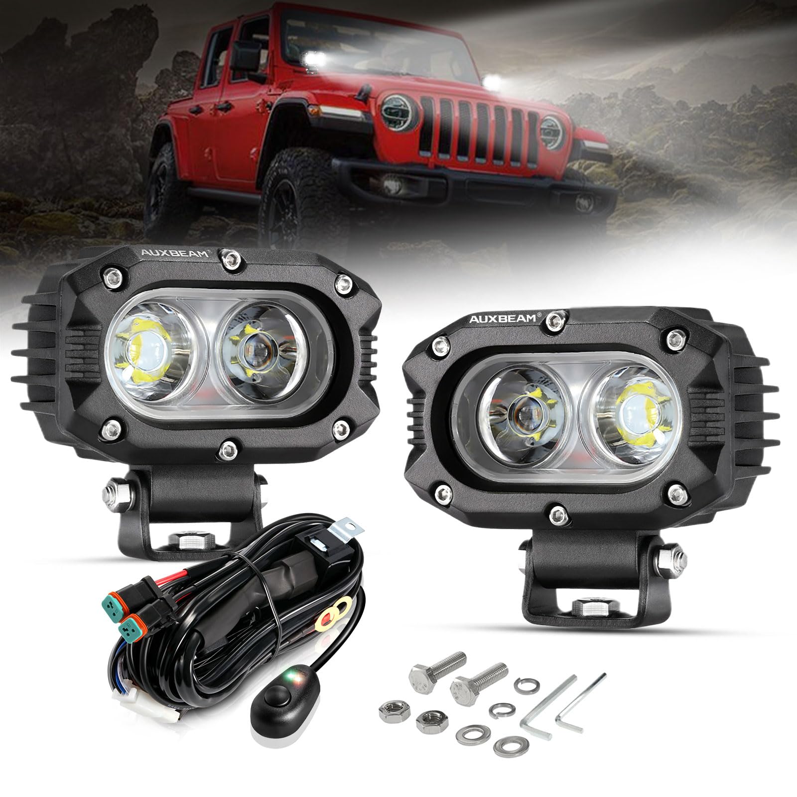 Auxbeam 4 Inch Led Pod, Square Pod Light With 5050 Led White Flood Beam Offroad Driving Fog Light With Wiring Harness For Jeep W
