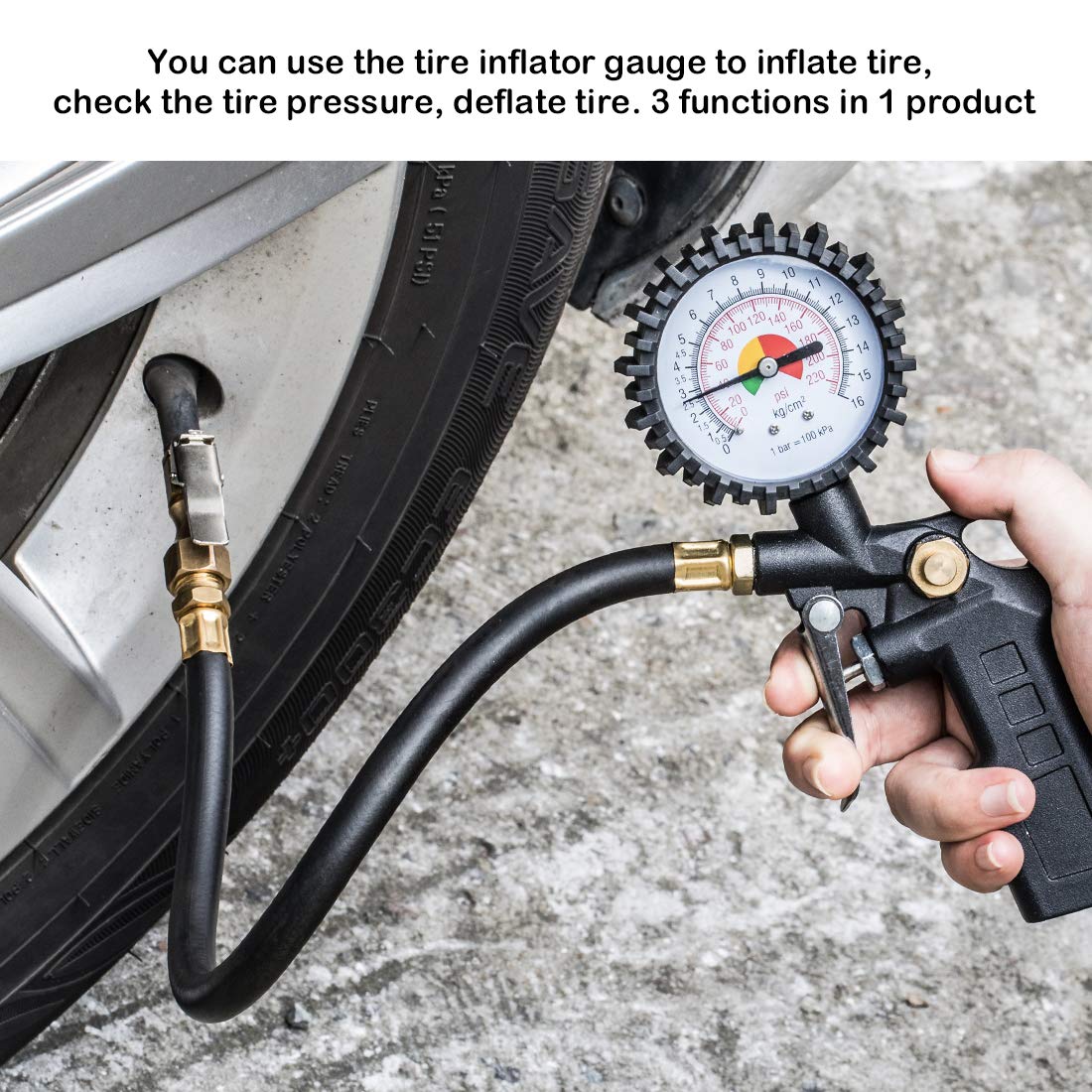 CZC AUTO Tire Inflator Deflator Air Pressure Gauge with Rubber Hose, 2-1/2' Dial Wheel Inflator Gage with Straight Brass Lock-on Chuck Compatible with Air Pump Compressor for RV Car Motorcycle Bike