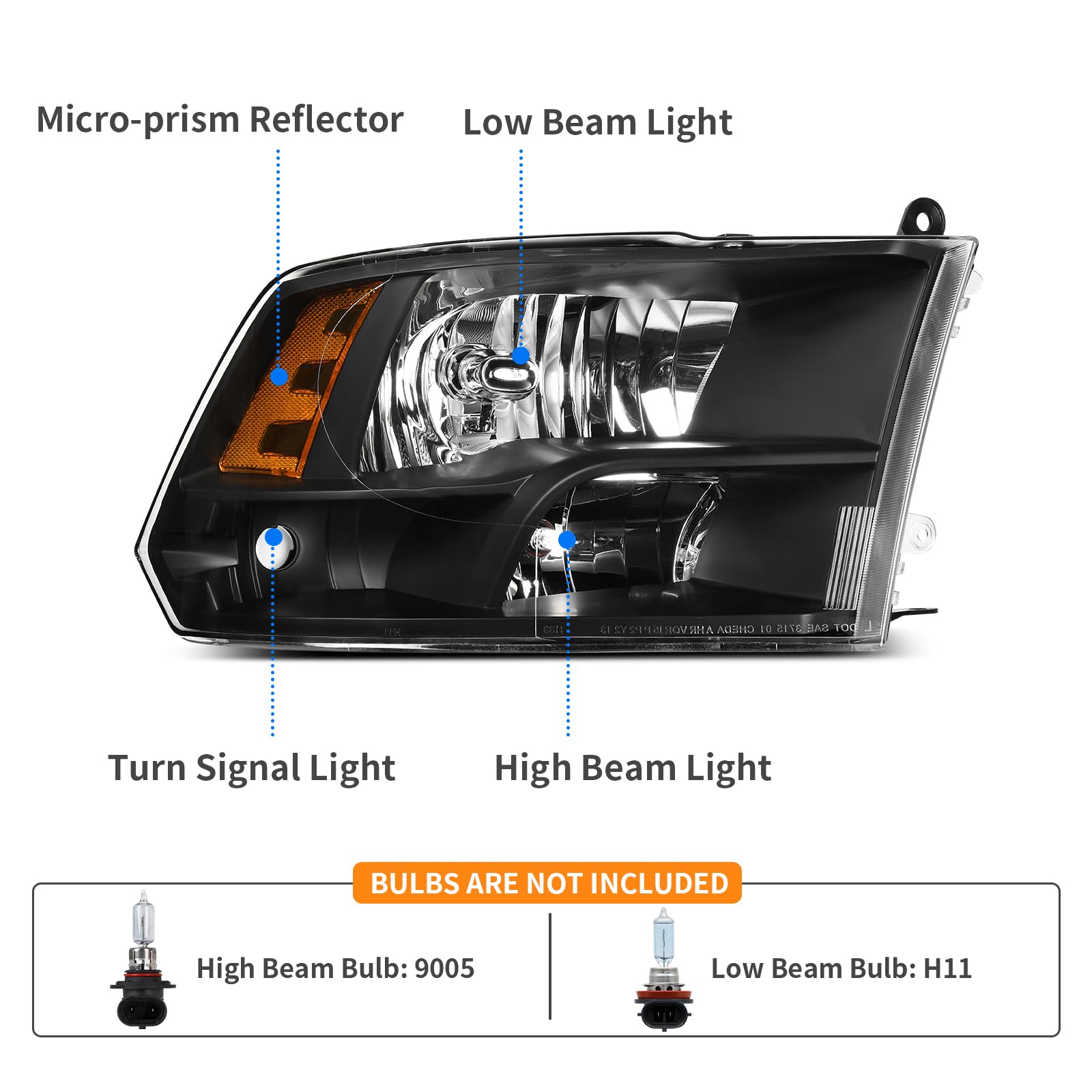 Dwvo Headlight Assembly Compatible With 2009-2018 Dodge Ram 1500 2500 3500/2019-2022 Ram 1500 Classic Pickup Quad Headlamp Repla