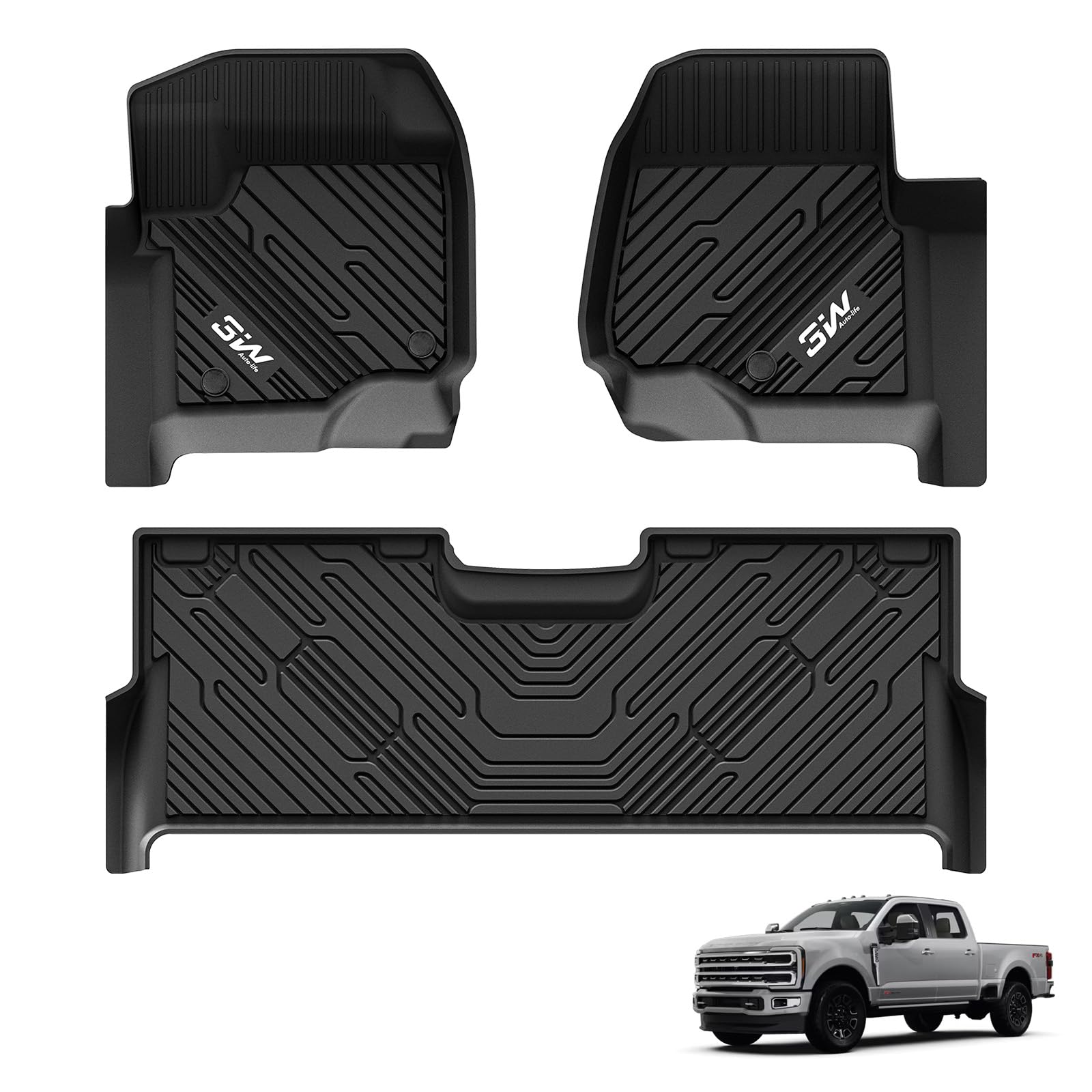 3W Floor Mats Fit For Ford F250 F350 F450 F550 2017-2024 2025 Super Duty Crew Cab Bucket Seat With Under Seat Storage, All Weath