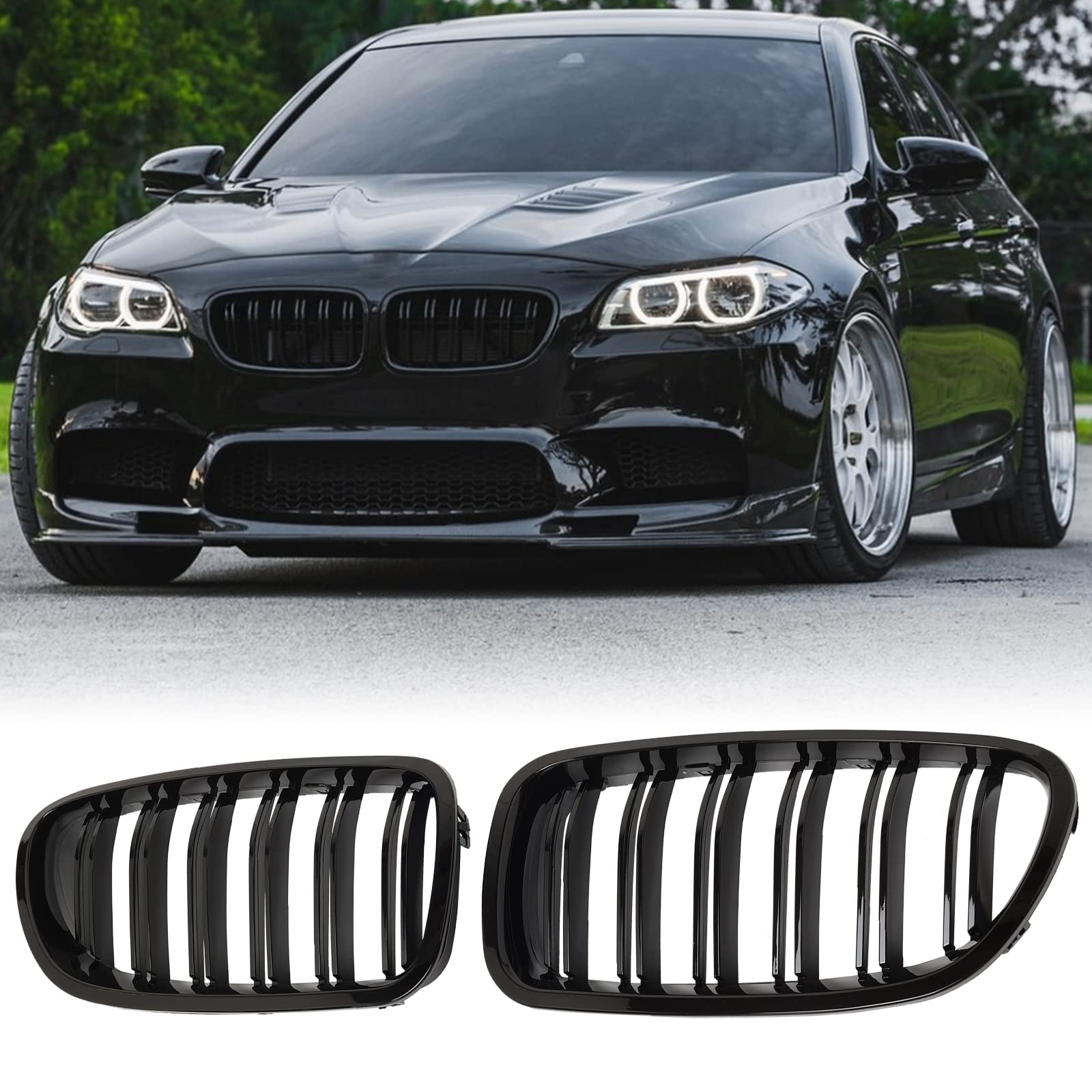 Billdio F10 Grille - Front Kidney Grille Double Slats Glossy Black Compatible With 2010-2017 Bmw 5 Series F10 F11 F18 Sedan 520I
