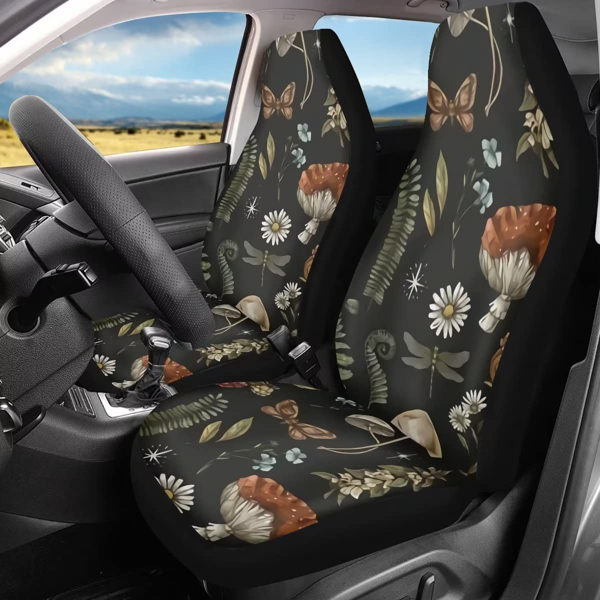 Fuibeng Mushroom Car Seat Covers,2 Pcs,Daisy Dragonfly Butterflies Mushroom Auto Seat Cover Pad For Front,Universal Elastic Vehi