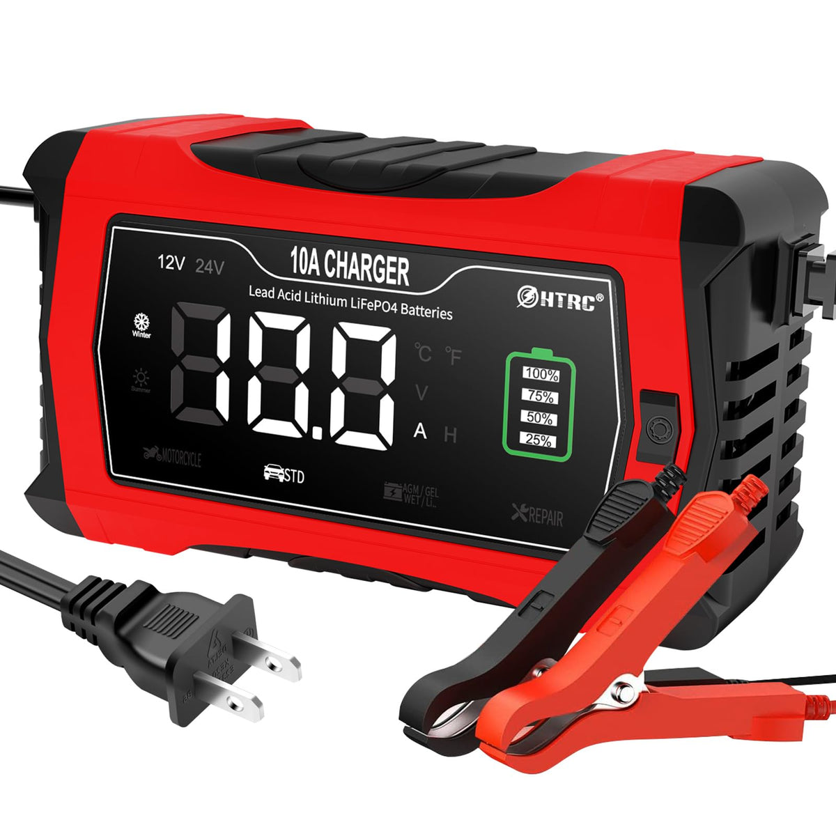 YHCHKJ Car Battery Charger, 12V 10A and 24V Fully-Automatic Trickle Charger Desulfator, Smart LCD Battery Maintainer w/Temperatu