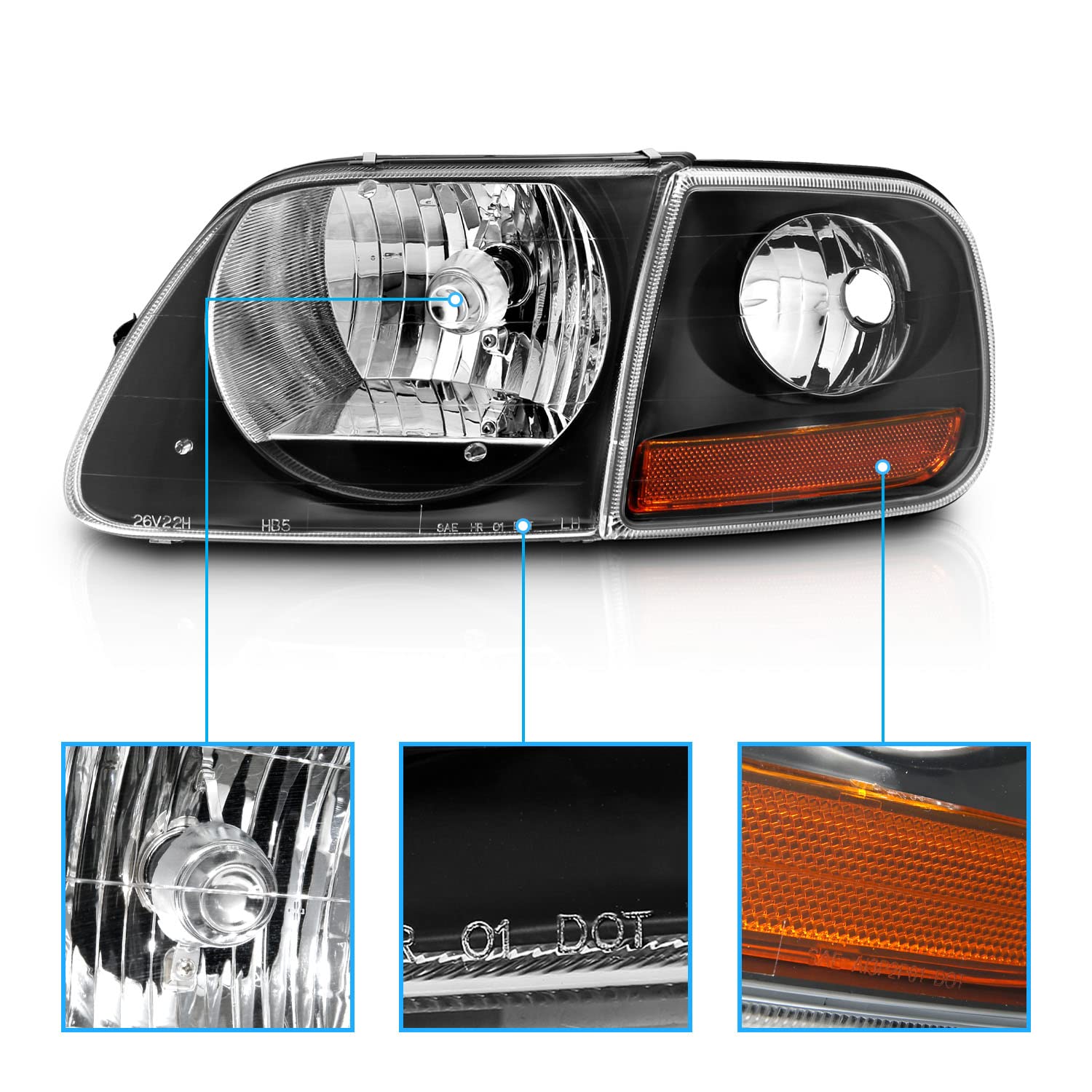 Amerilite For 1997-2003 Ford F150 F-150 Harley Lightning 4Pcs Halogen Headlights Corner Parking Lamp Assembly Set - Driver And P