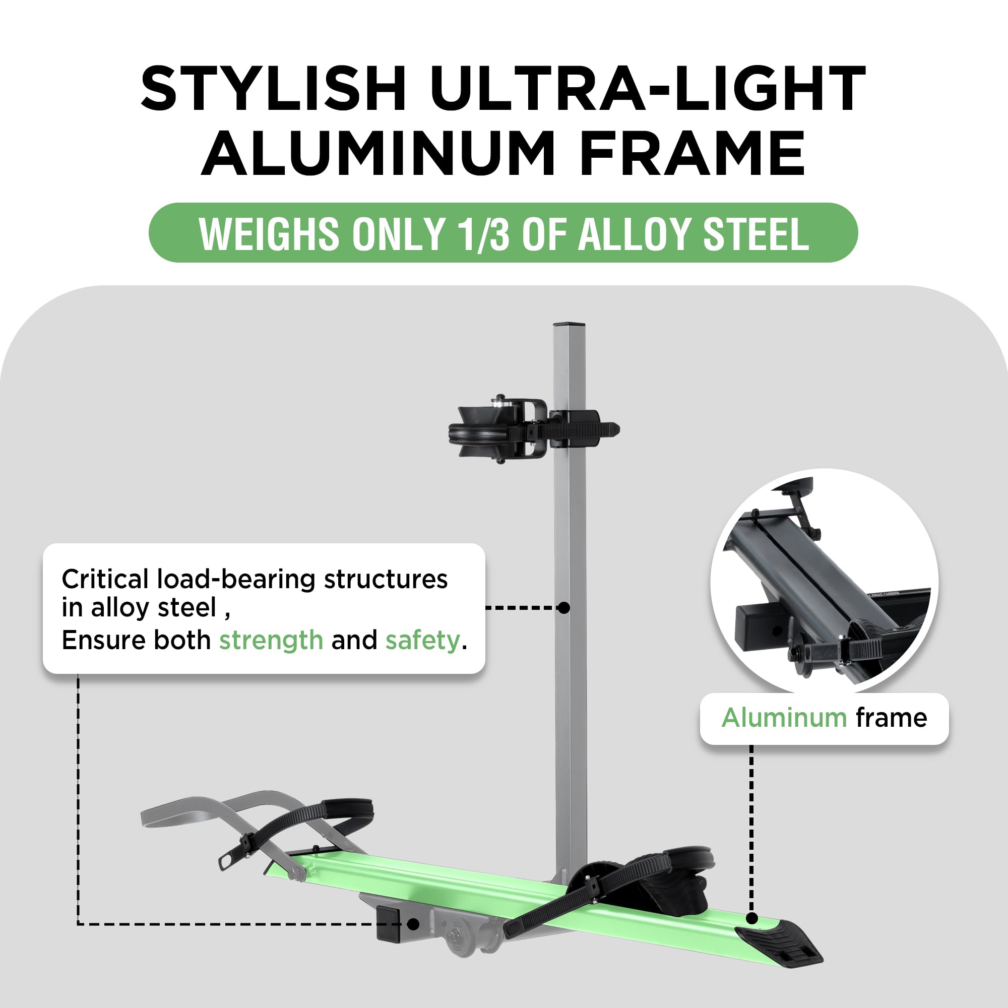 YOUNG ELECTRIC 100LBS. Capacity Aluminum 1-Ebike Rack for Bicycles and Electric Bikes, fits Car SUV Van RV and Trailer with 2''