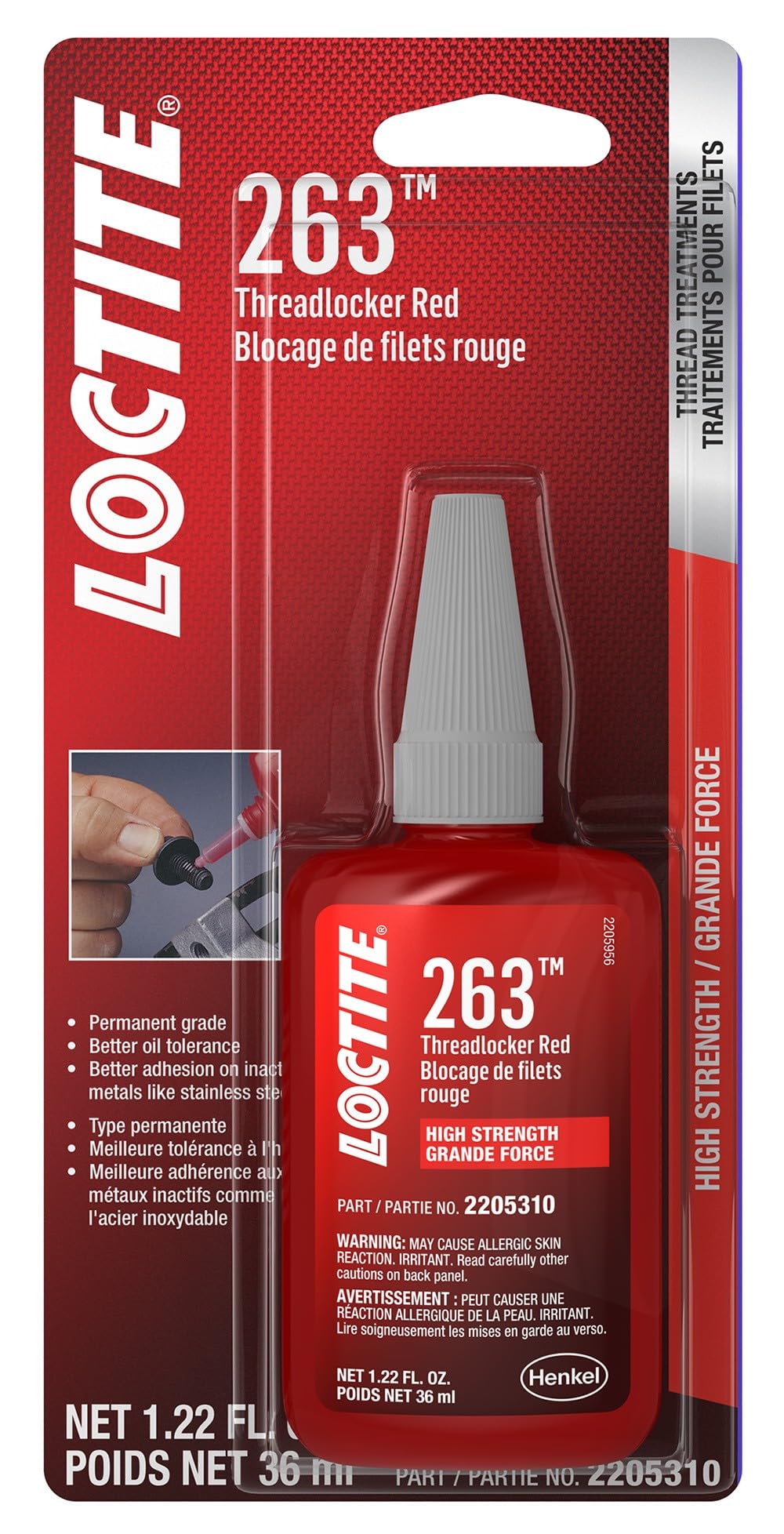 LOCTITE 263 Automotive Threadlocker Red - High Strength Thread Lock, General Purpose Applications, Oil Tolerant, Fluorescent - 3