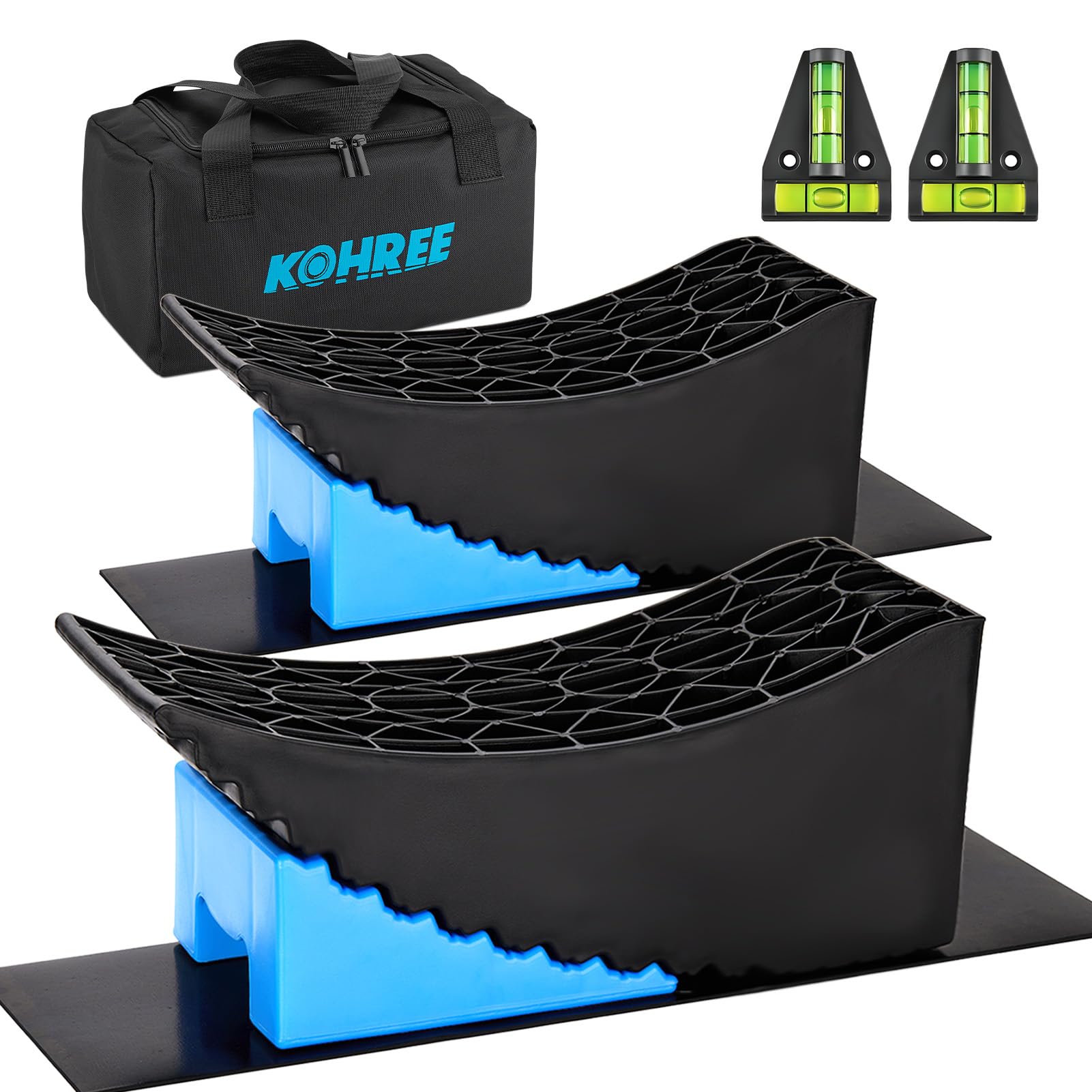 Kohree Rv Leveling Blocks 6 Inch, 2 Packs Sturdy Camper Curved Levelers With 2 Wheel Chocks, 2 Rubber Mats & Carry Bag, Rv Level