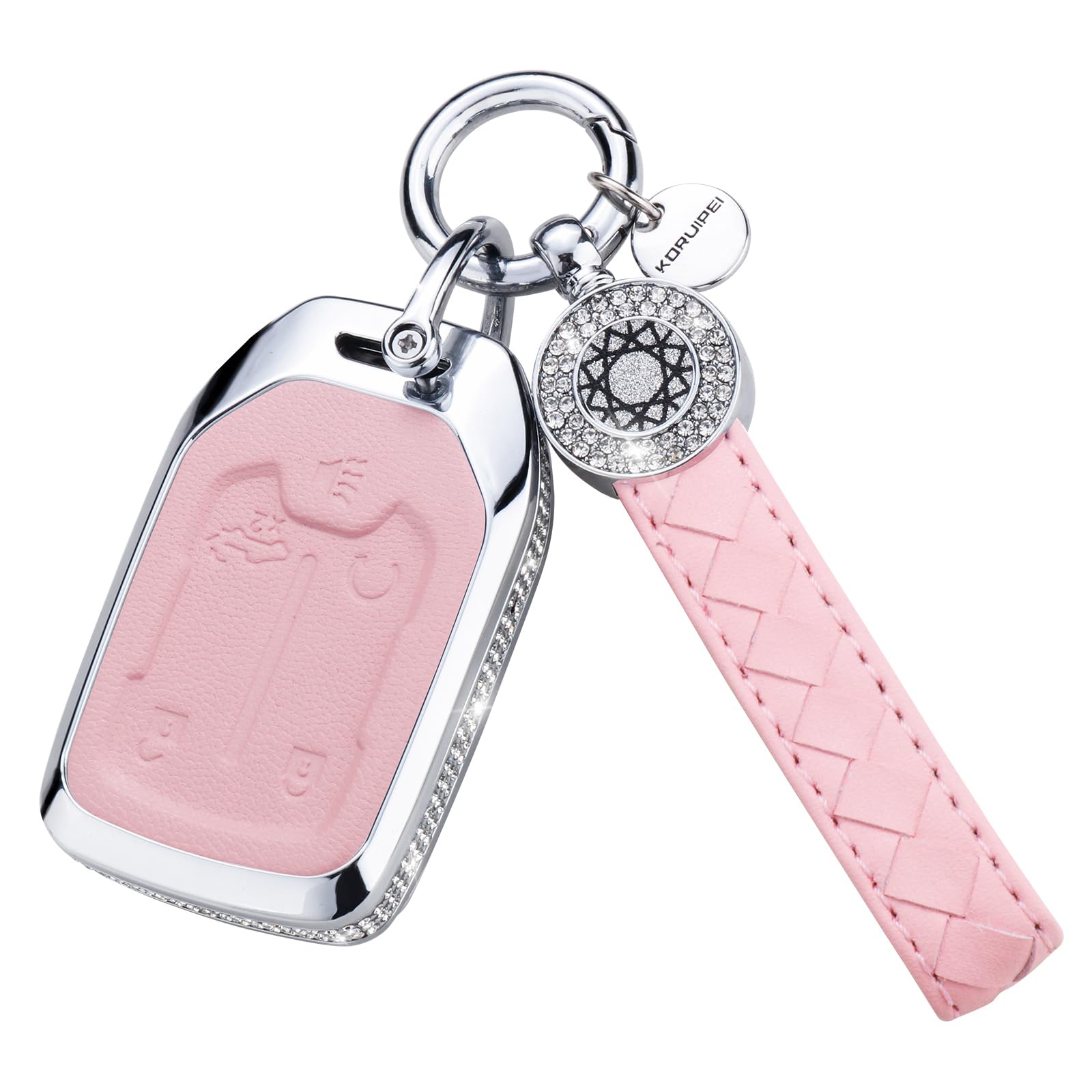Ruabiban For Gmc Key Fob Cover With Keychain, Pink Leather Crystal Key Case Protection Shell Compatible With Chevrolet Chevy Gmc