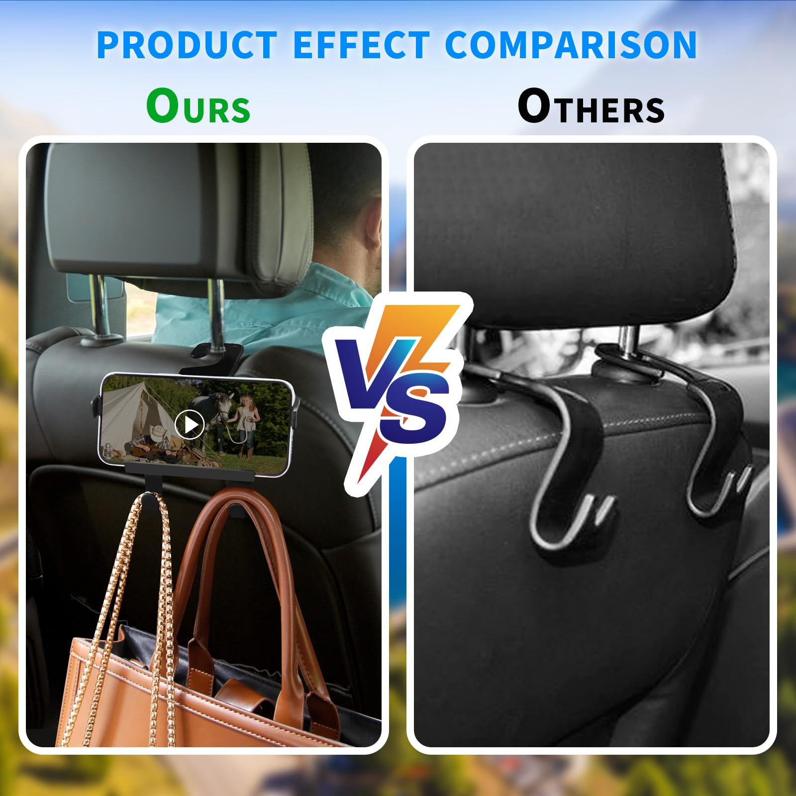 SunlightXS Upgraded Car Headrest Hidden Hook 2 in 1 Car Seat Hooks with Phone Holder for Purse, Hangers Vehicle Organizer ,Durab