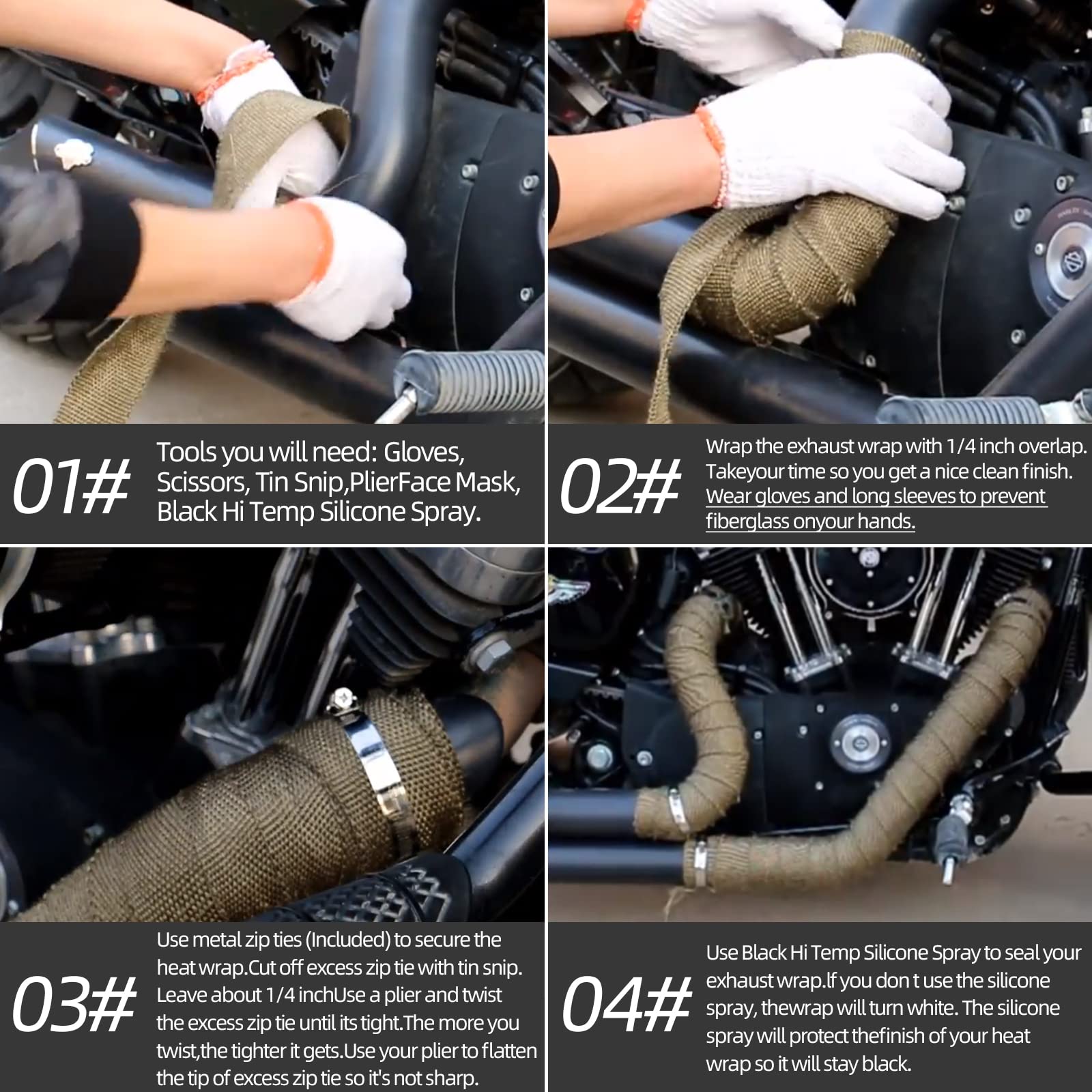 Titanium Exhaust Heat Tape Wrap, 2   X 50 Ft, Motorcycle Fiberglass Heat Shield Tape With Stainless Ties