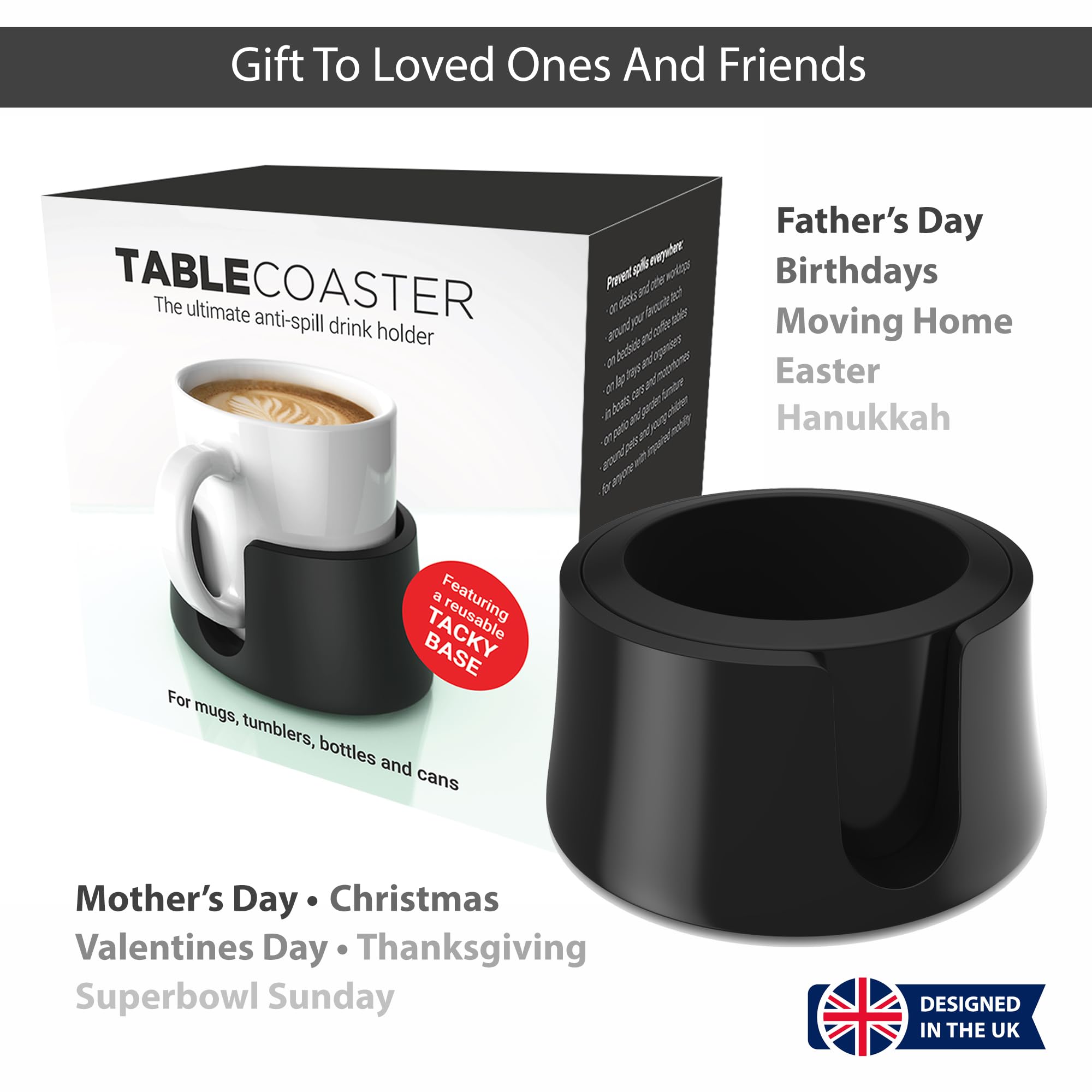 Hit Products Tablecoaster - Original Anti-Spill Table And Desk Cup Holder, Jet Black - Rv And Boat Drink Holder, A Tip-Proof Coa