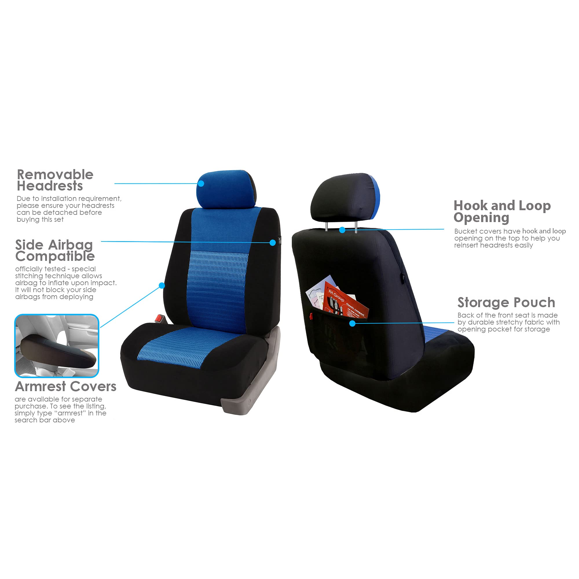 Fh Group Car Seat Covers Trendy Elegance Blue Full Set Automotive Seat Covers, Airbag And Split Rear Combo Non-Slip Dash Grip Pa