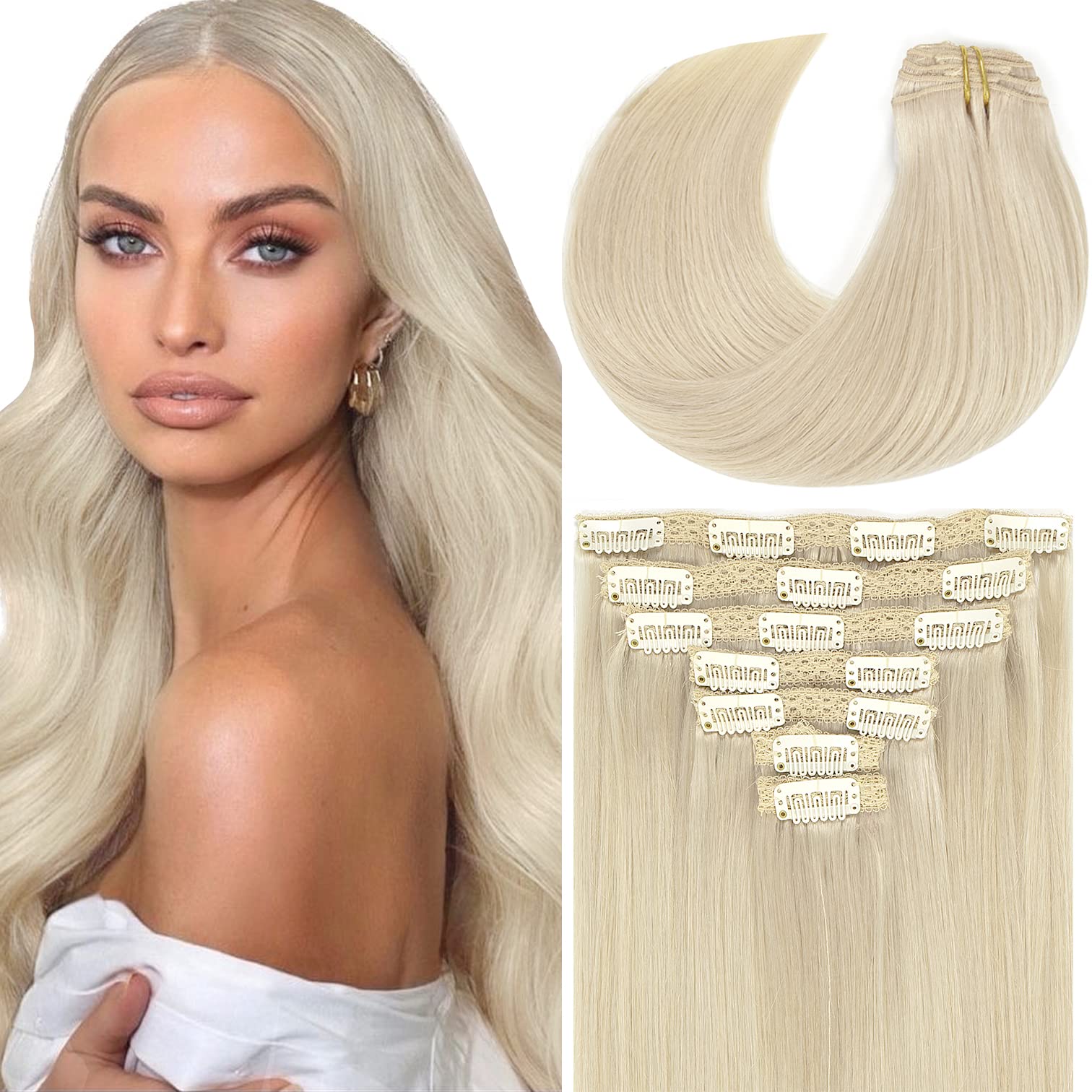 Loxxy 16 Inch Platinum Blonde Hair Extensions Clip in Human Hair 9A Grade Brazilian Human Hair Extension Big Thick Silky Straight Clip in Human Hair For Women #60A 120g 7 Pieces 16 clips-New