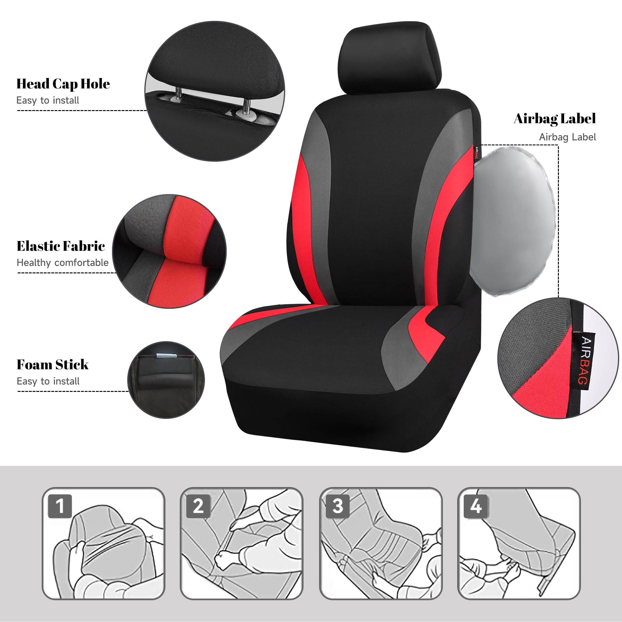 Car Pass Line Rider Sporty Front Seat Covers,Red Car Seat Covers Two Front Seats Only, Airbag Compatible,Universal Fit Sedans,Ca