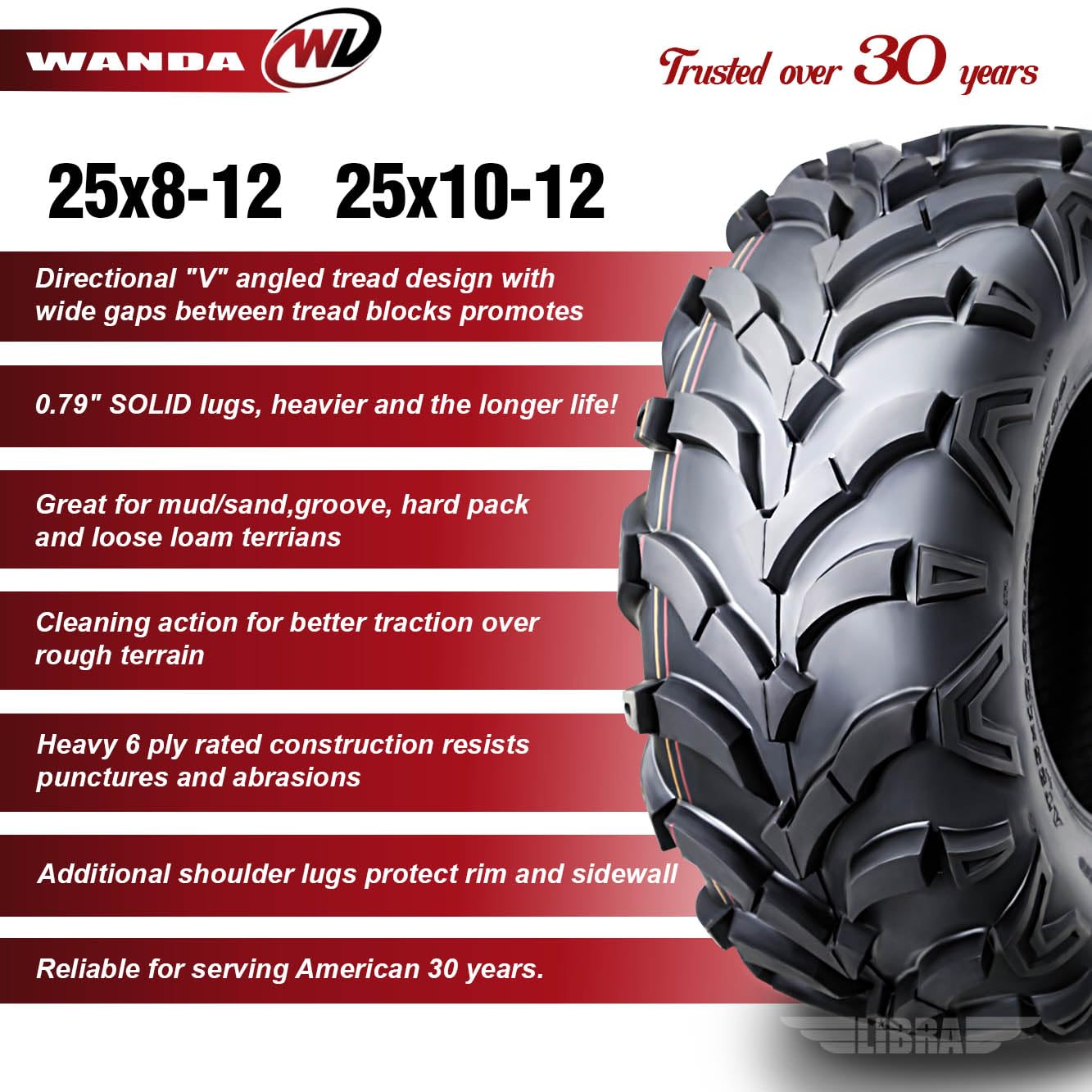 Wanda P341 Atv/Utv Tires 25X8-12 Front & 25X10-12 Rear Solid Mud, Set Of 4