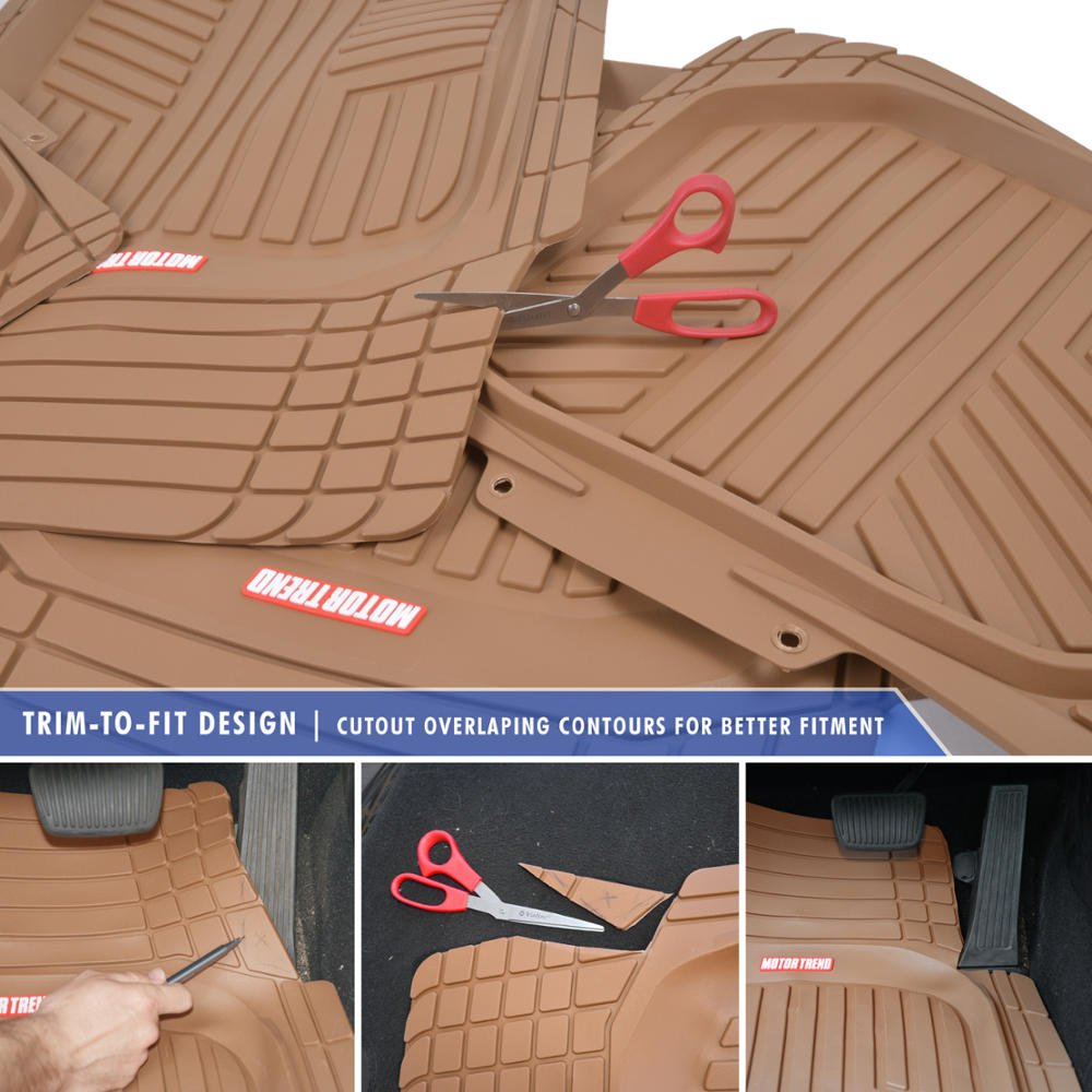 Motor Trend FlexTough Beige Floor Mats for Cars & Cargo Mat Full Set - All Weather Front & Rear Rubber Automotive Floor Mats & C