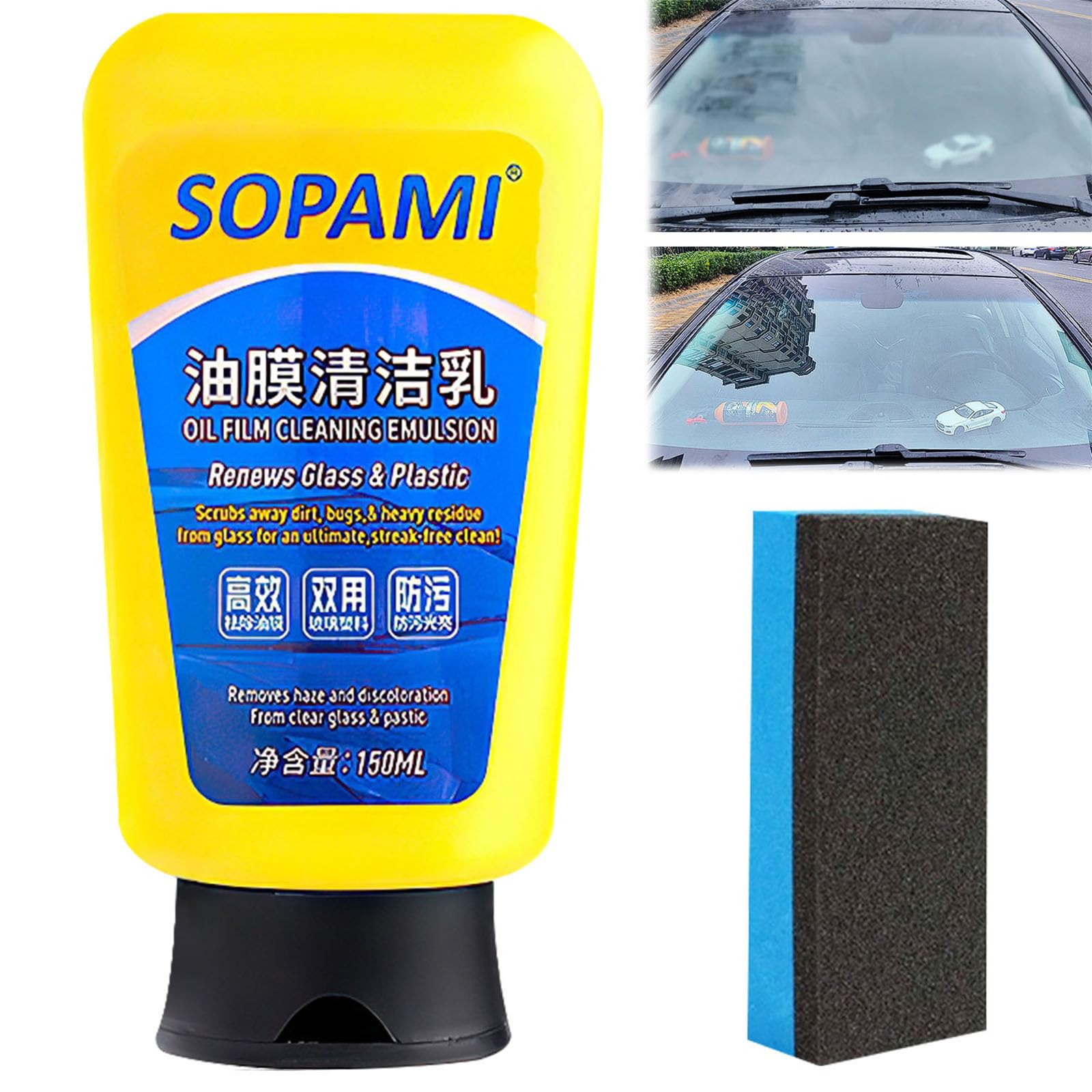 Sopami Oil Film Emulsion Glass Cleaner with Sponge,Sopami Car Coating Spray,Sopami Glass Cleaner,Oil Film Remover for Car Window