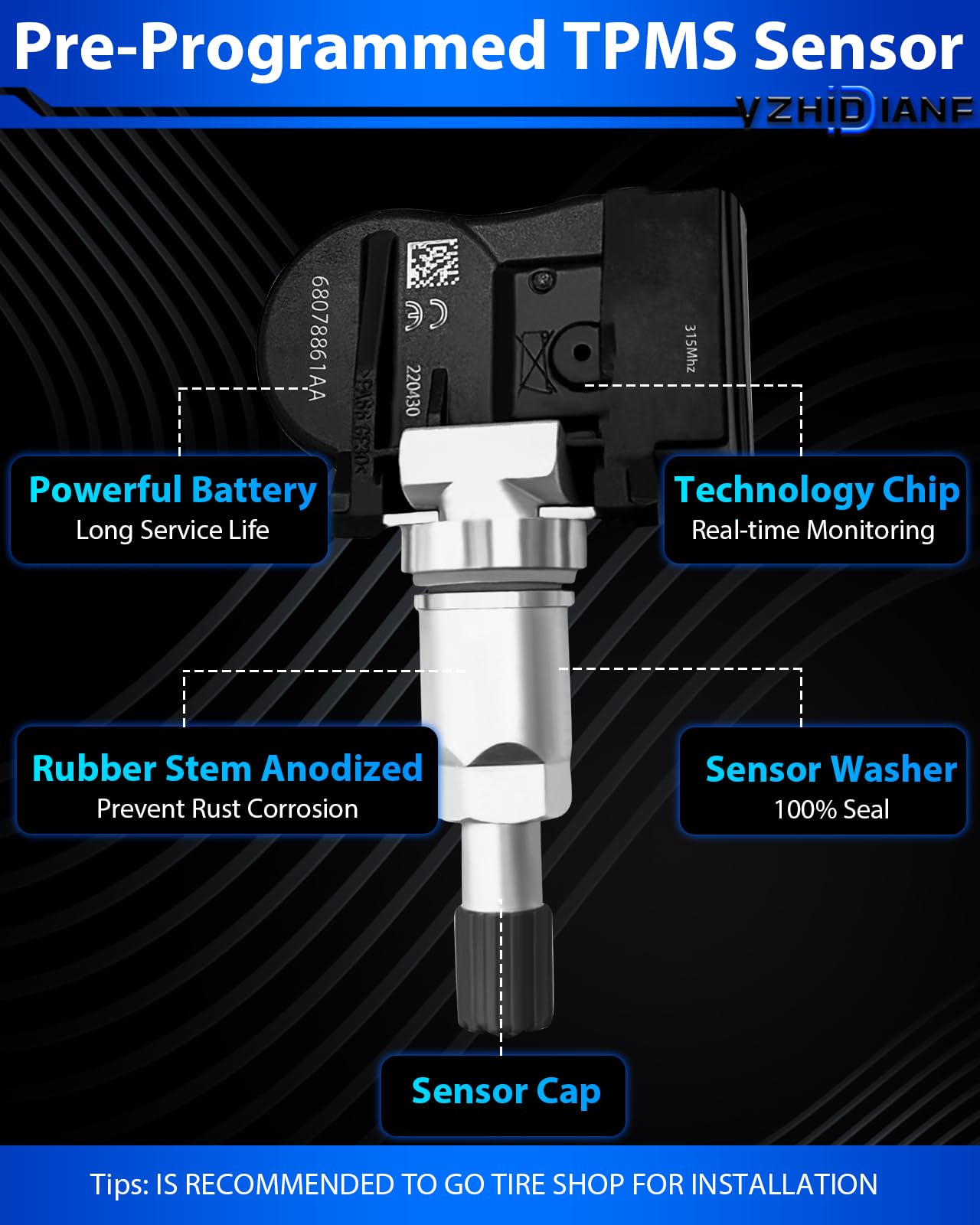 Yzhidianf 68078861Aa Pre-Programed Tire Pressure Sensor Fit For:-Chrysler 300 Sebring For:-Dodge Avenger Charger For:-Jeep Liber