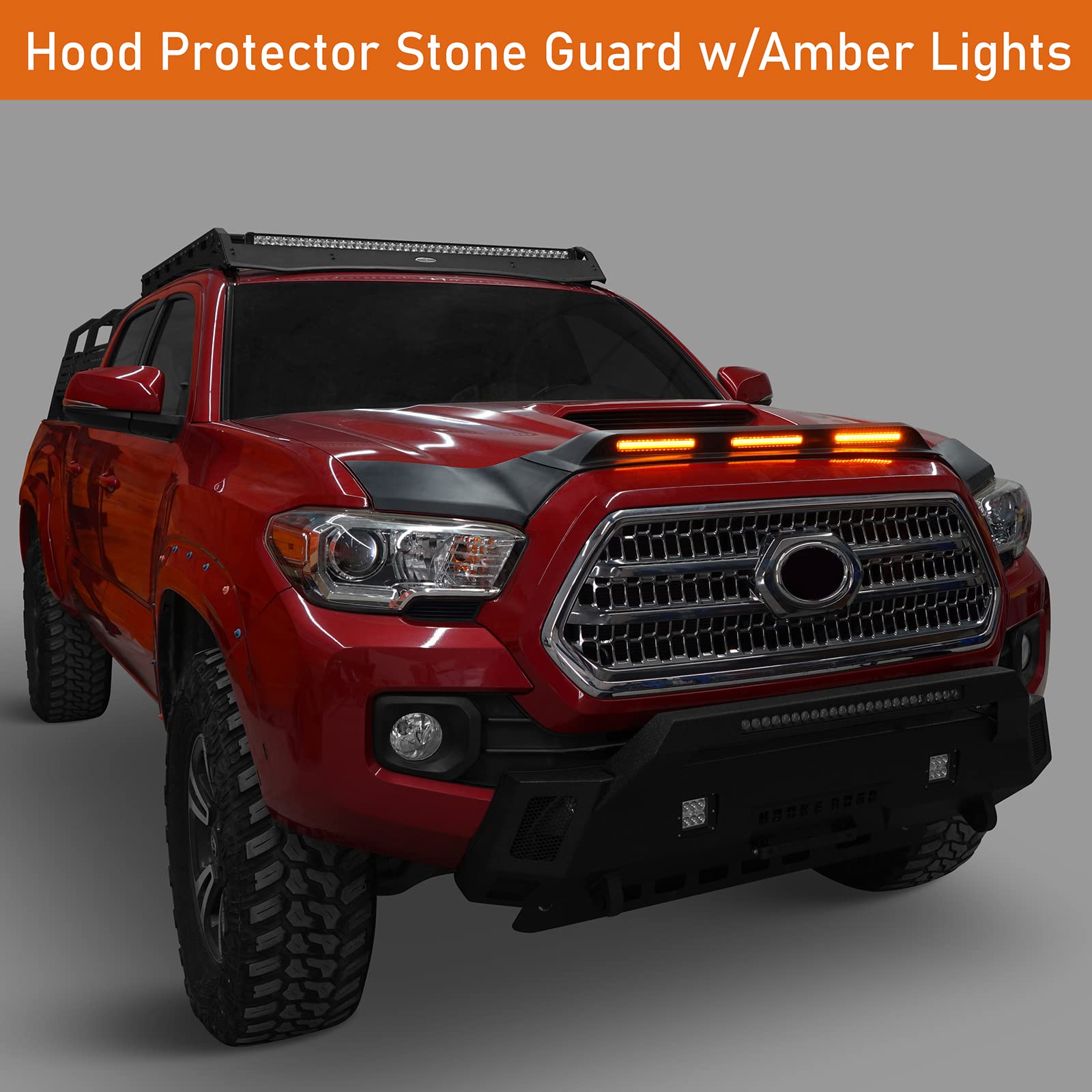 Hooke Road Tacoma Hood Deflector Bug Protector Shield Guard with Amber LED Lights for Toyota Tacoma 3rd Gen 2016 2017 2018 2019