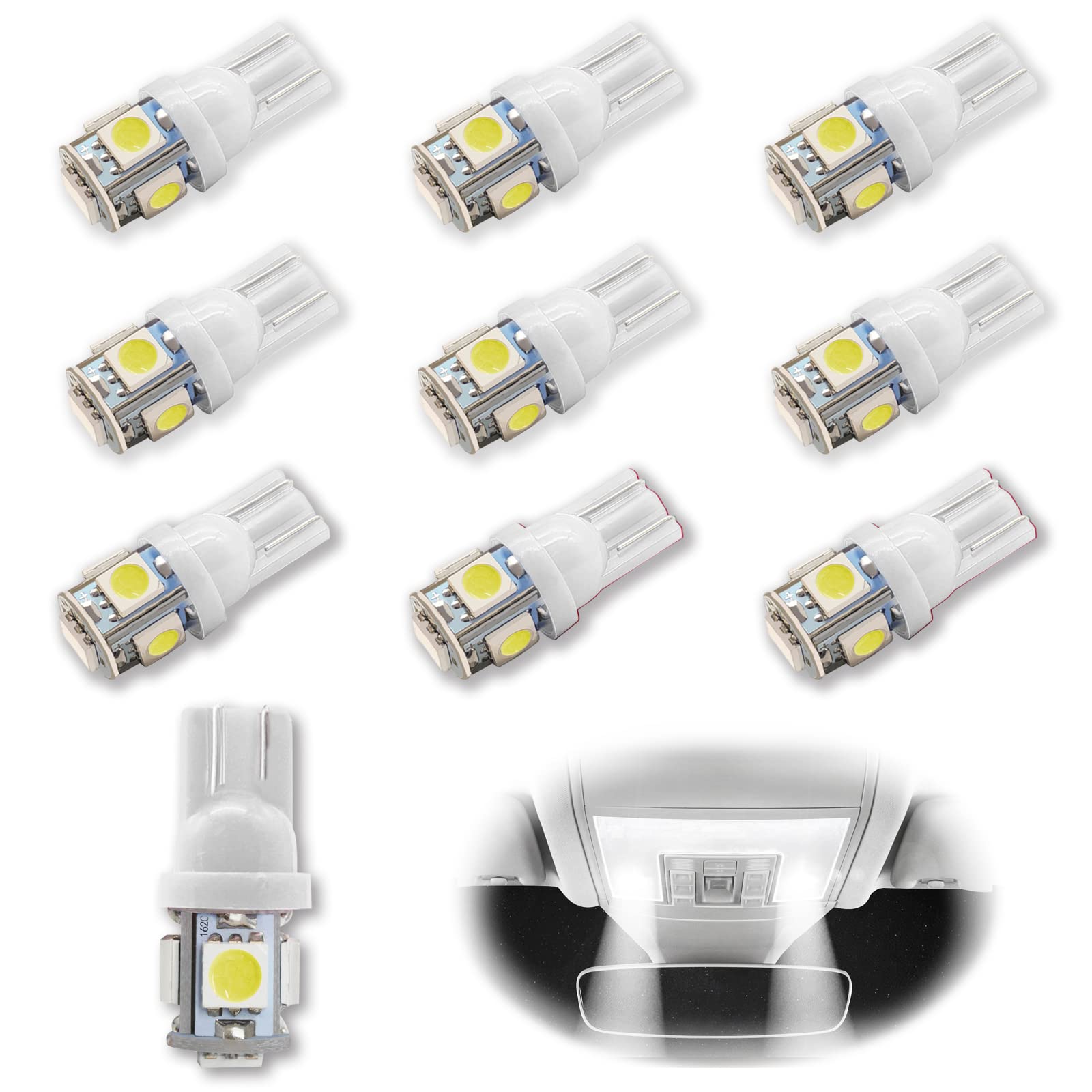 Rboko 10Pcs 194 Led Light Bulb 6000K Wedge T10 Led Bulb 5Smd 5050 Chips, 168 T10 2825 5Smd Dc 12V Replacement Bulbs For Car Dome