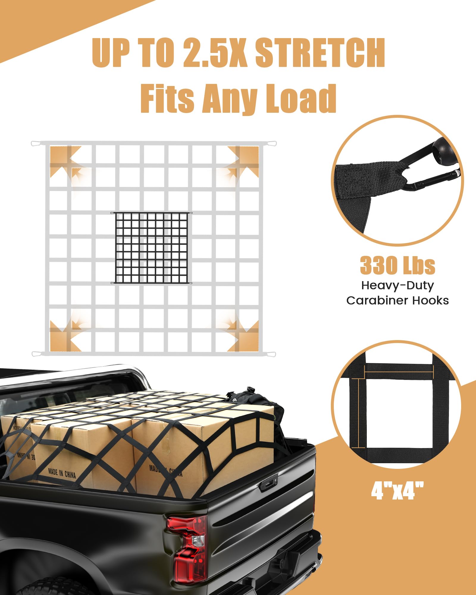 The First Flat Bungee Cargo Net For Pickup Truck Bed, 4' X 4' Stretches To 10' X 10', 25 Mm Heavy Duty Cargo Net With 2 Using Mo