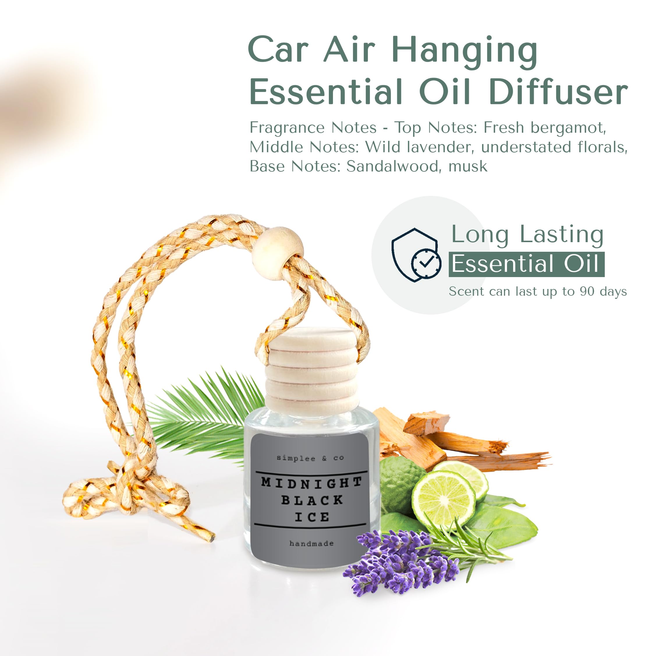 Midnight Black Ice Car Air Hanging Essential Oil, Car Air Freshener Diffuser, Long Lasting Essential Oils, Aromatherapy Vehicle