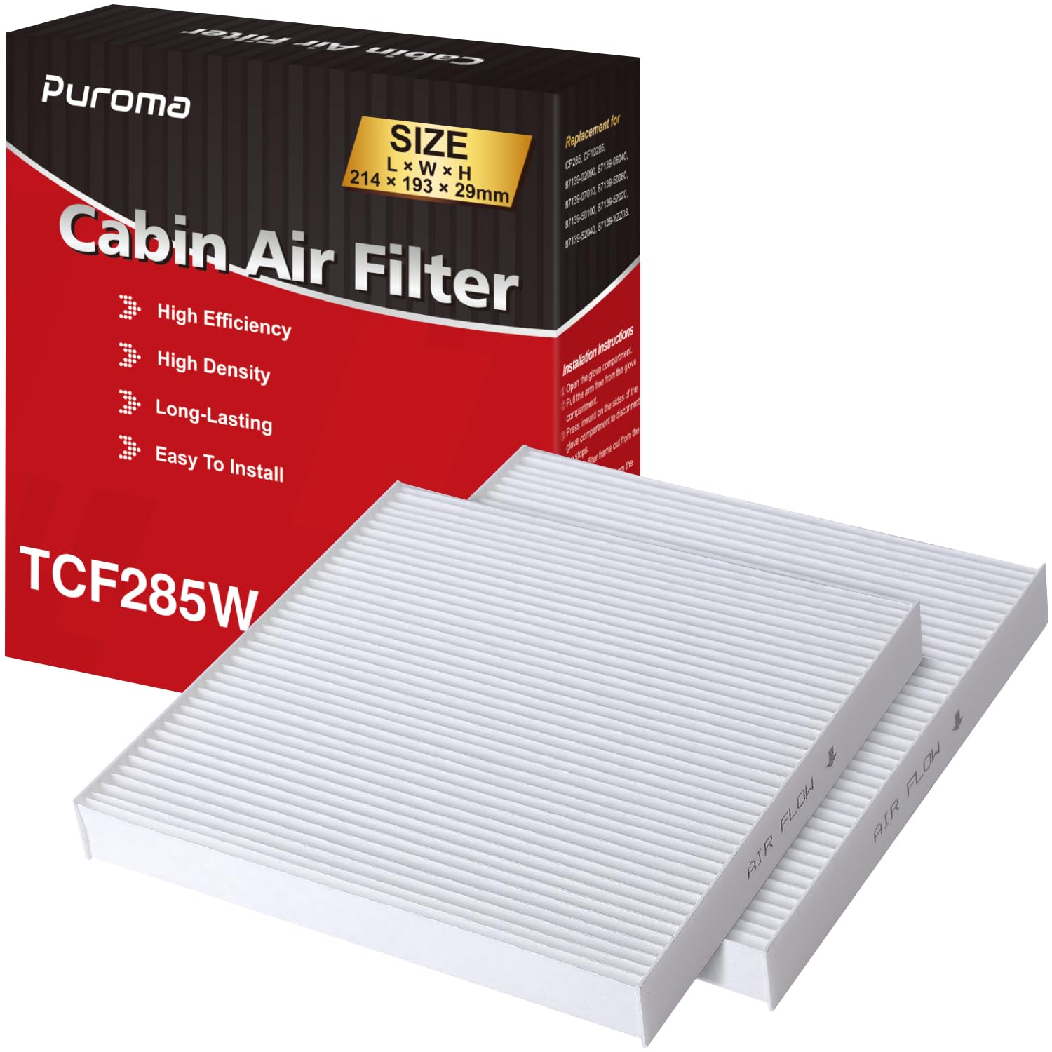 Puroma 2 Pack Cabin Air Filter with Multiple Fiber Layers Replacement for CP285, CF10285, Toyota Camry, RAV4, Highlander, Coroll