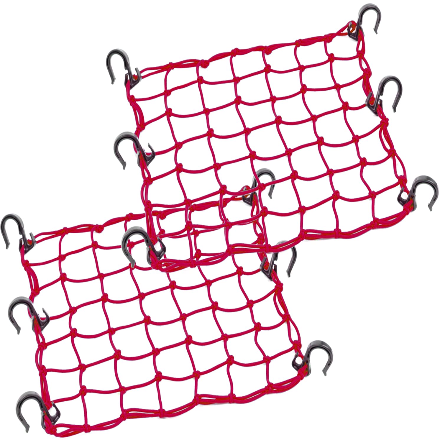 Zuoze Small Cargo Net 15'X15' Stretches To 30'X30' With Thicken Hooks | Natural Latex Core, Tight 2”X2” Mesh Heavy Duty Bungee Net For Motorcycle Helmet, Bike, Atv, Utv, Luggage (Red, 2 Pack)