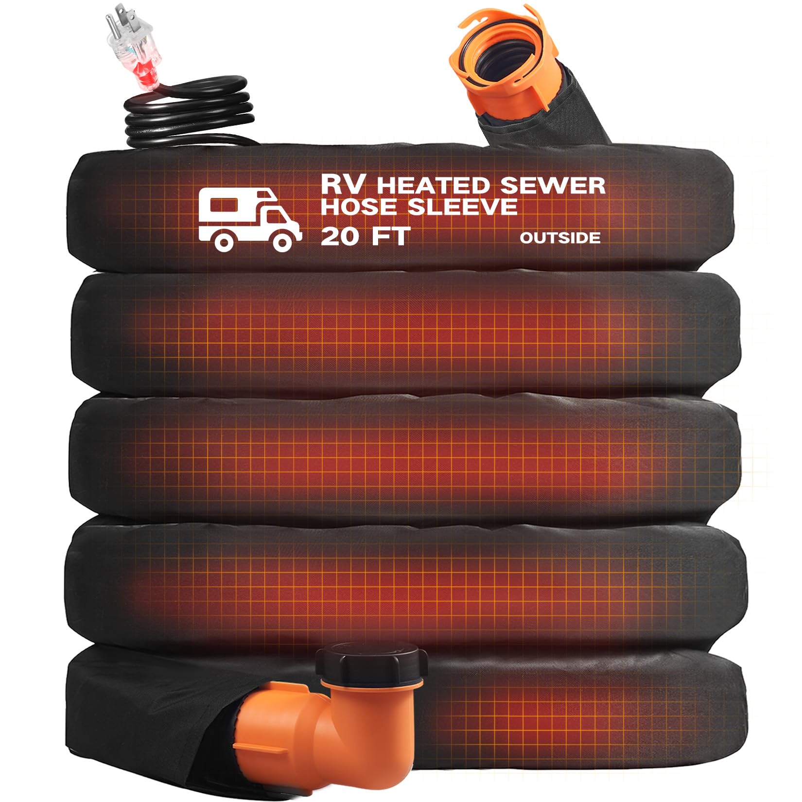 Heated 20FT RV Sewer Hose with Heated Sleeve, Anti Freezing at -20F RV Waste Sewer Black Hose with Protective Cover (20FT Hose w
