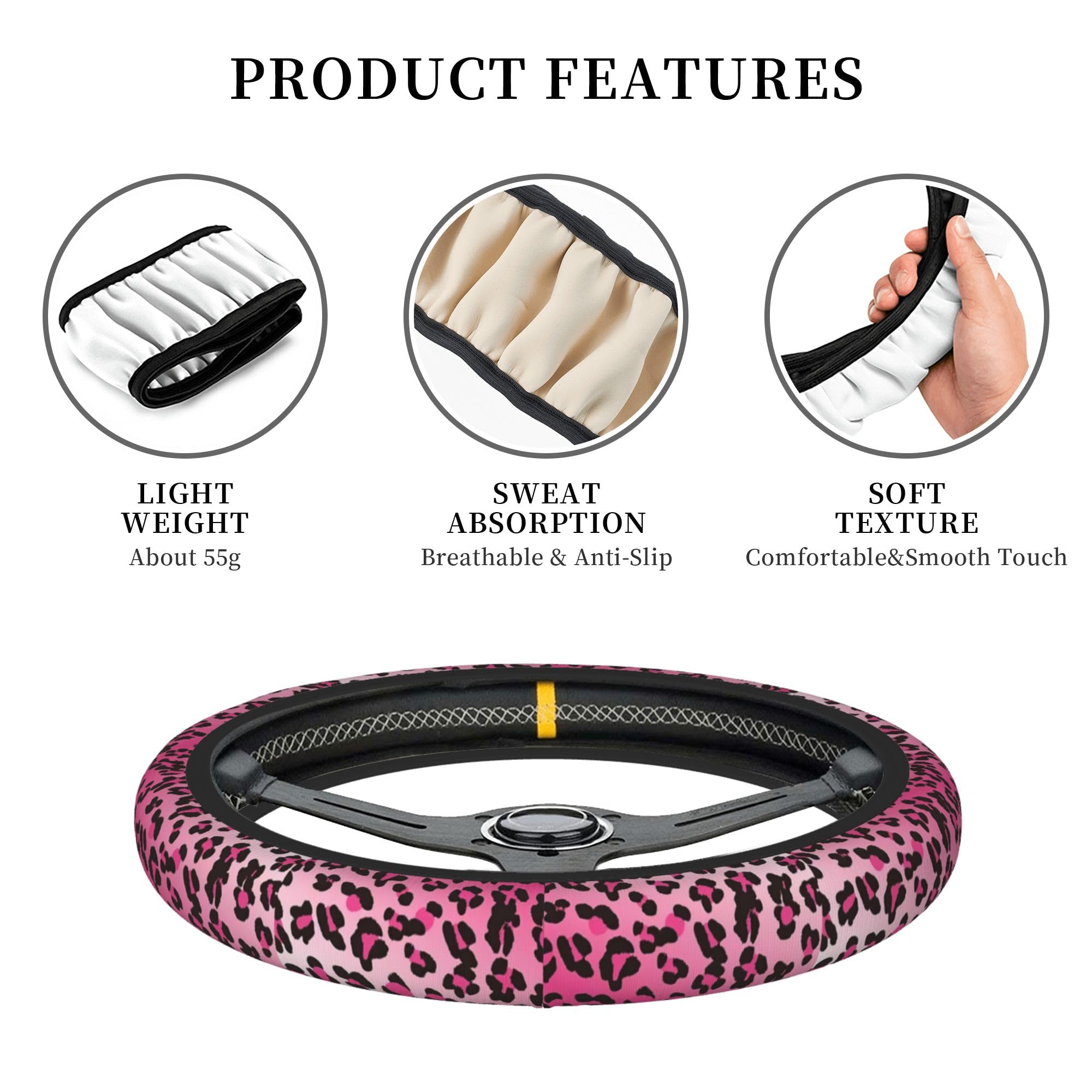 Pink Steering Wheel Cover for Women, Leopard Pattern Steering Wheel Cover Protector Non Slip Breathable Universal 15 Inch Cute C