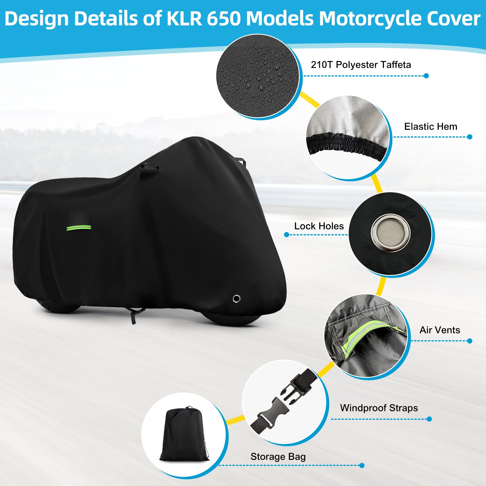 Motorcycle Cover Waterproof for Kawasaki KLR 650/R 1250 GS/Honda Africa Twin/V-Strom 1050XT, Heavy Duty Outdoor Sun UV Rain Dust