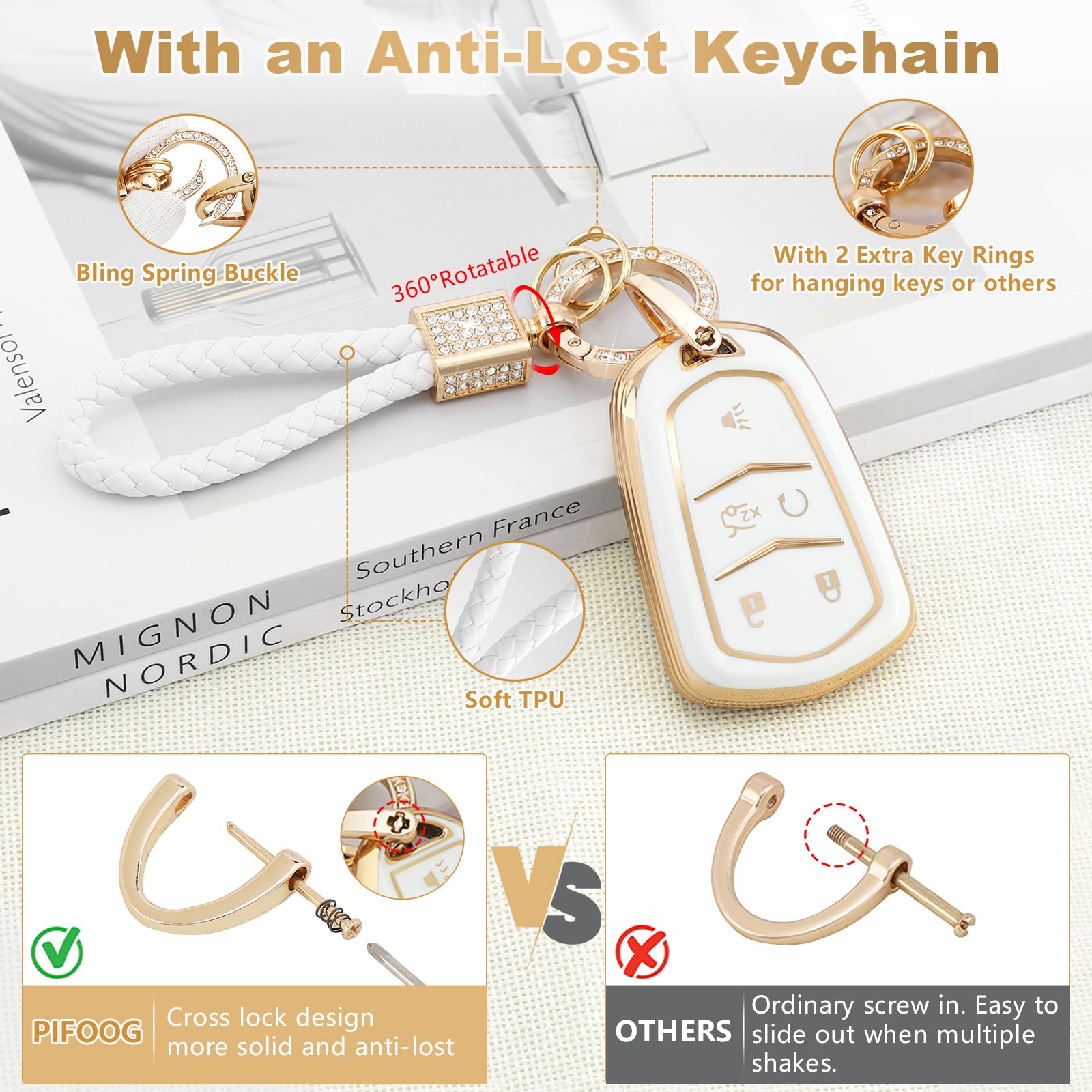 Pifoog Key Fob Cover Fit For Cadillac Xt5 Xt6 Xt4 Cts Ct6 Ats Srx Xts 5 Buttons White Gold Car Keys Case Shell Bling Keychain Fu