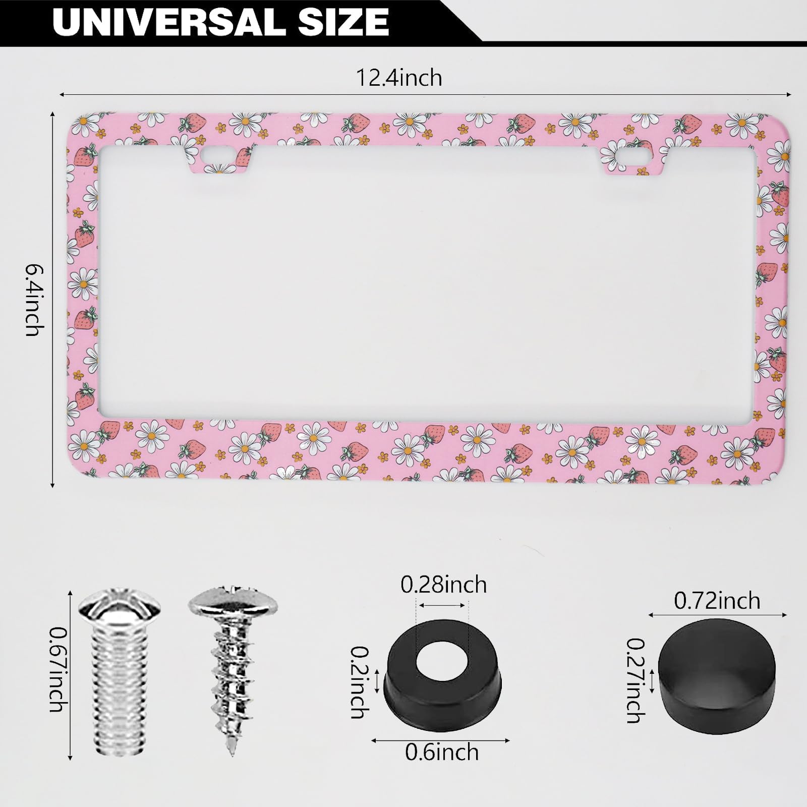 Pink Strawberry Daisy Flowers License Plate Frames, 2 Pack Strawberry Flower Car Plate Frame, Stainless Steel License Plate Hold