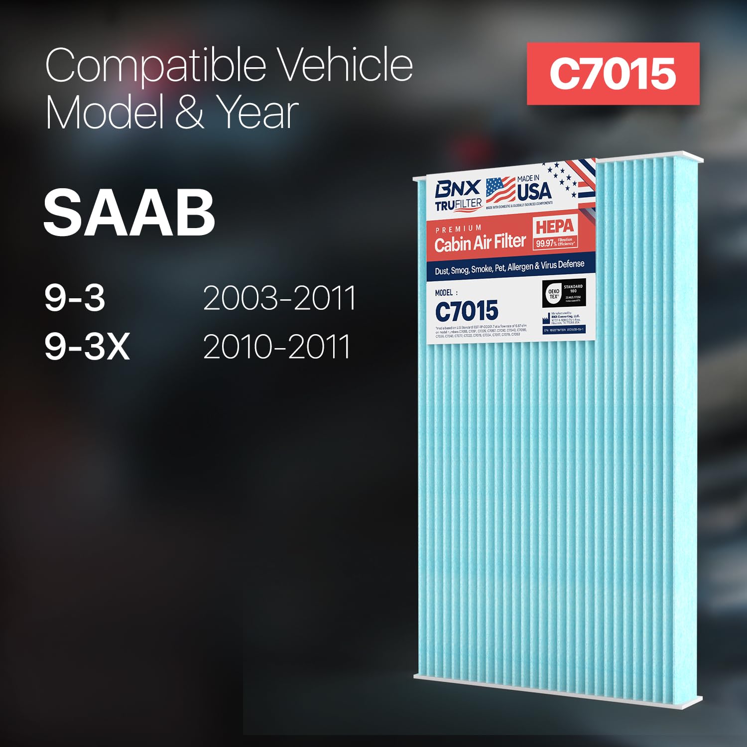 Bnx Trufilter C7015 Cabin Air Filter, Hepa 99.97%, Made In Usa, Compatible With Saab: 9-3, 9-3X