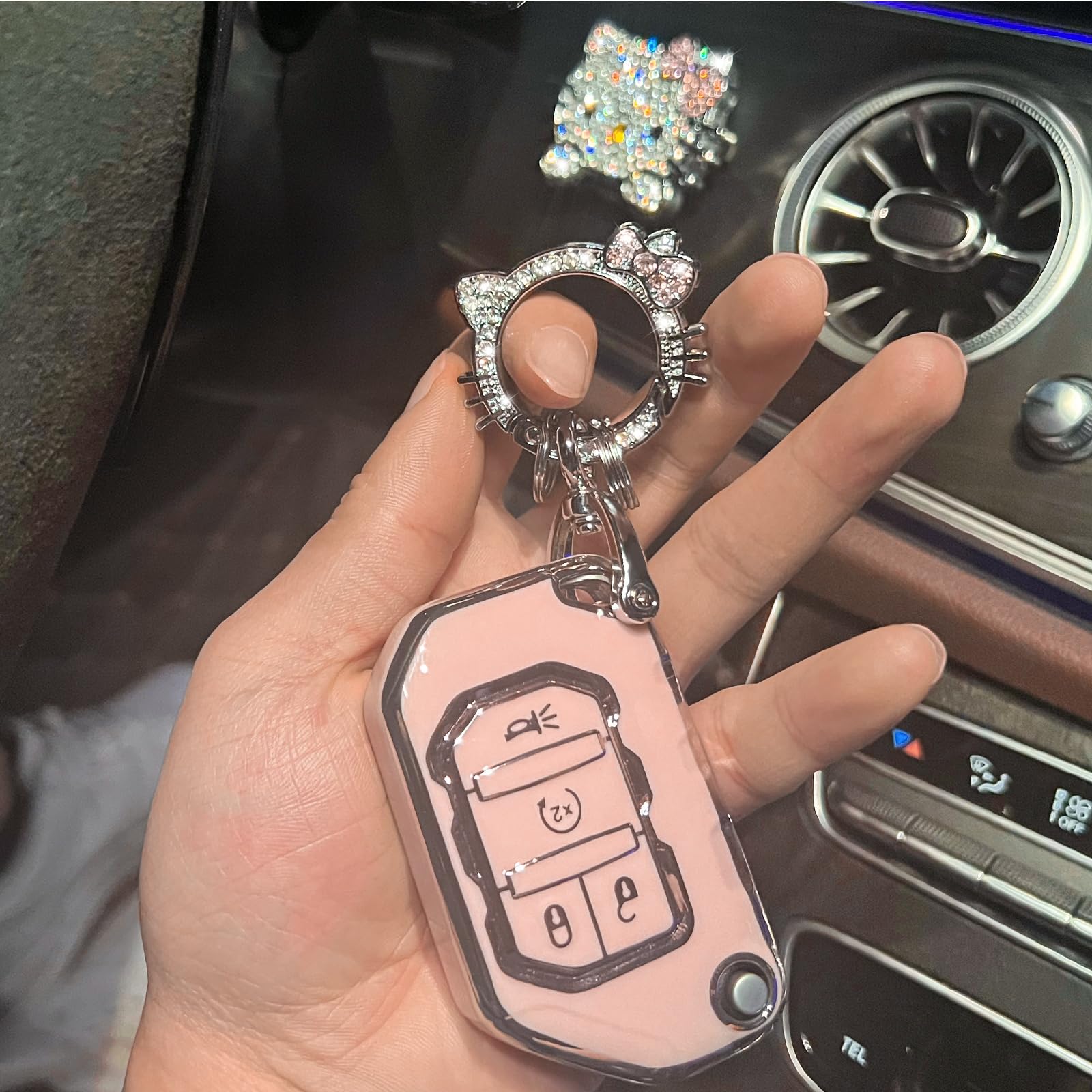 Pangpai Pink Car Accessories 3 Pcs For 2018-2022 Jeep Gladiator Wrangler Sahara Rubicon Key Fob Cover With Bling Keychain Cute P