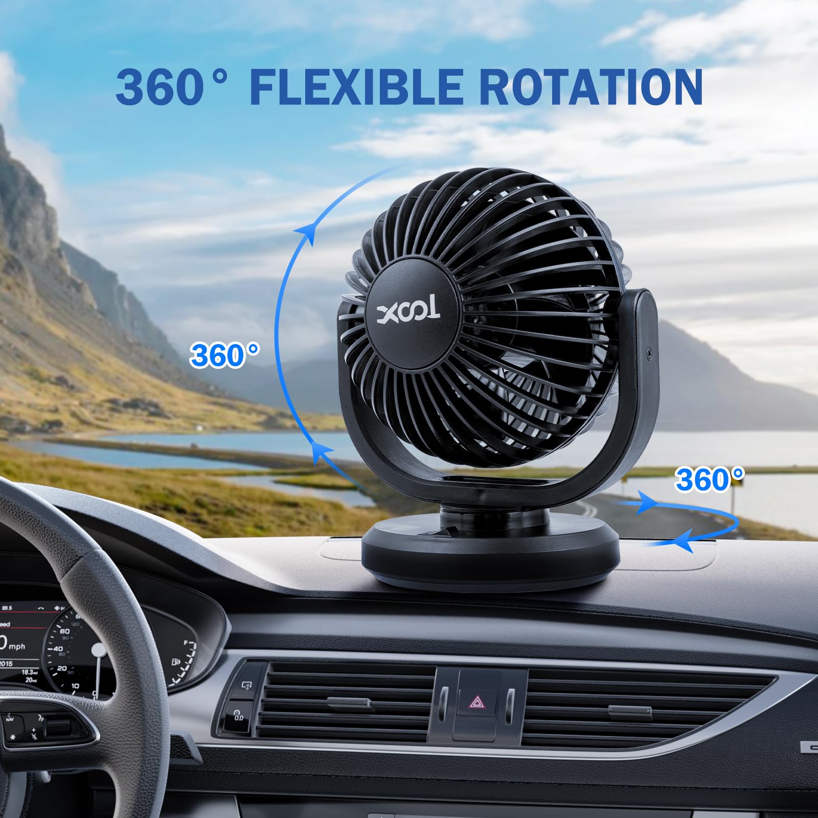 Xool 12V Car Fans, 4 '' Electric Car Cooling Air Fan Powerful Single Car Fan Cigarette Lighter Low Noise 360 Degree Rotatable Fo
