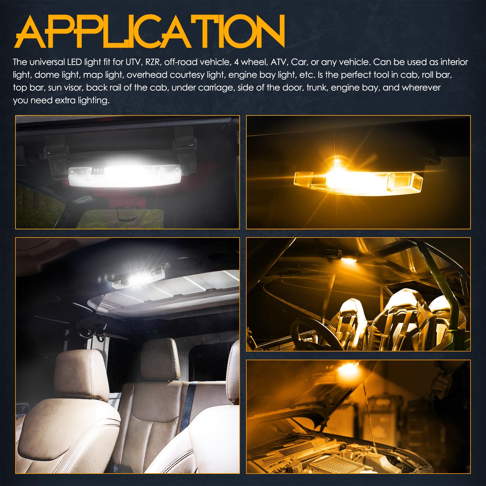 Nirider Utv Interior Light Universal Roll Bar Mount Led Light Utility Roll Cage Light Courtesy Light Interior Dome Light For Utv Atv Polaris Rzr Can-Am Truck Car Off Road Vehicle - White Amber